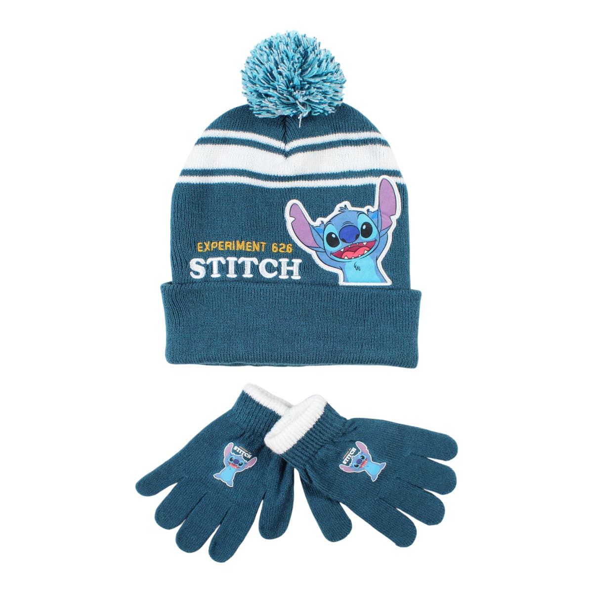 Disney Bommelmütze Disney Stitch Herbst 2 tlg Set Wintermütze Handschuhe Gr. 54/56 (Spar-Set, 2-St)