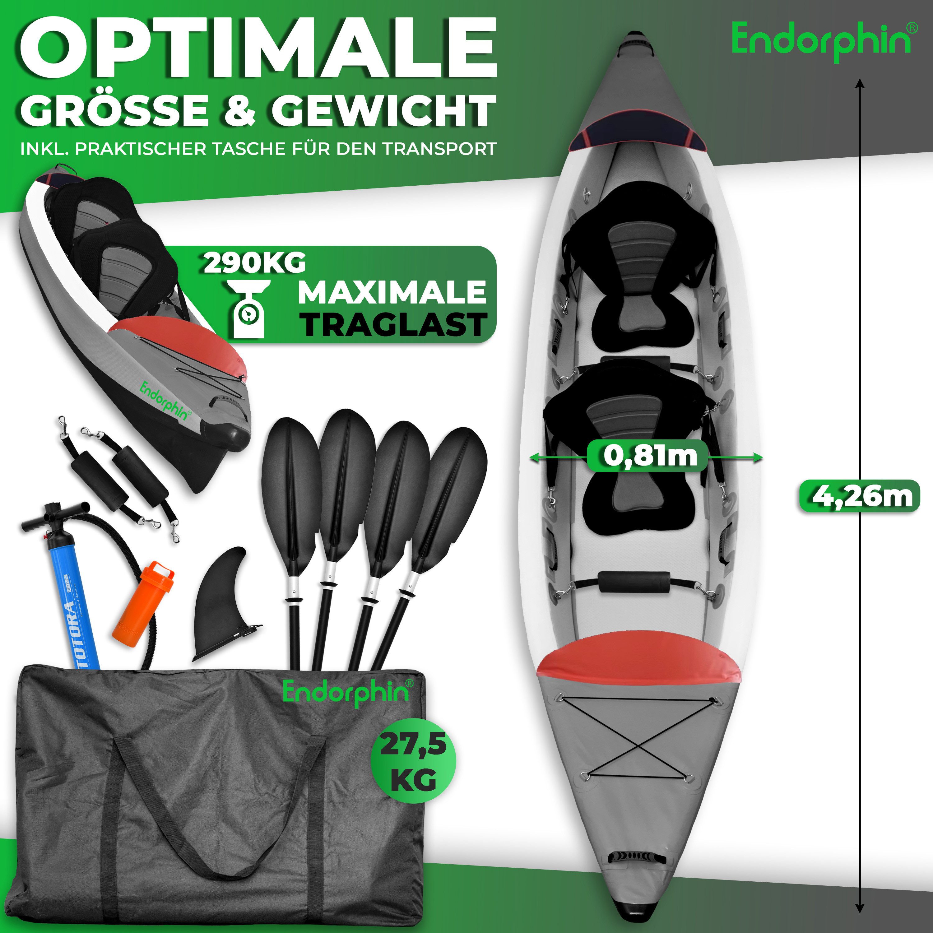 Endorphin Zweierkajak Aufblasbares Drop Stitch Kajak für 2 Personen als Komplettset, (Kajak 2 Personen)