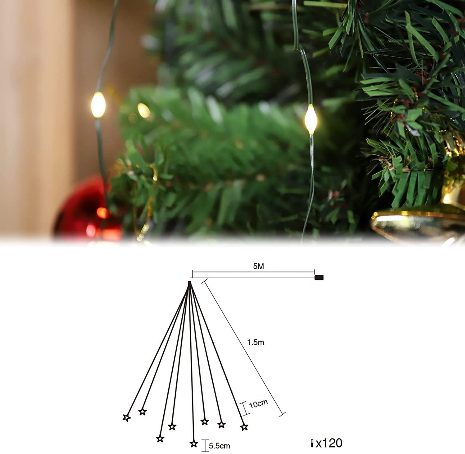 Salcar LED-Lichterkette LED Lichterkette Weihnachtsbaumspitze Stern Weihnachtsbaum Dekoration, USB Weihnachtsbaumbeleuchtung mit Fernbedienung, 9 Modi Warmweiß 1,5m