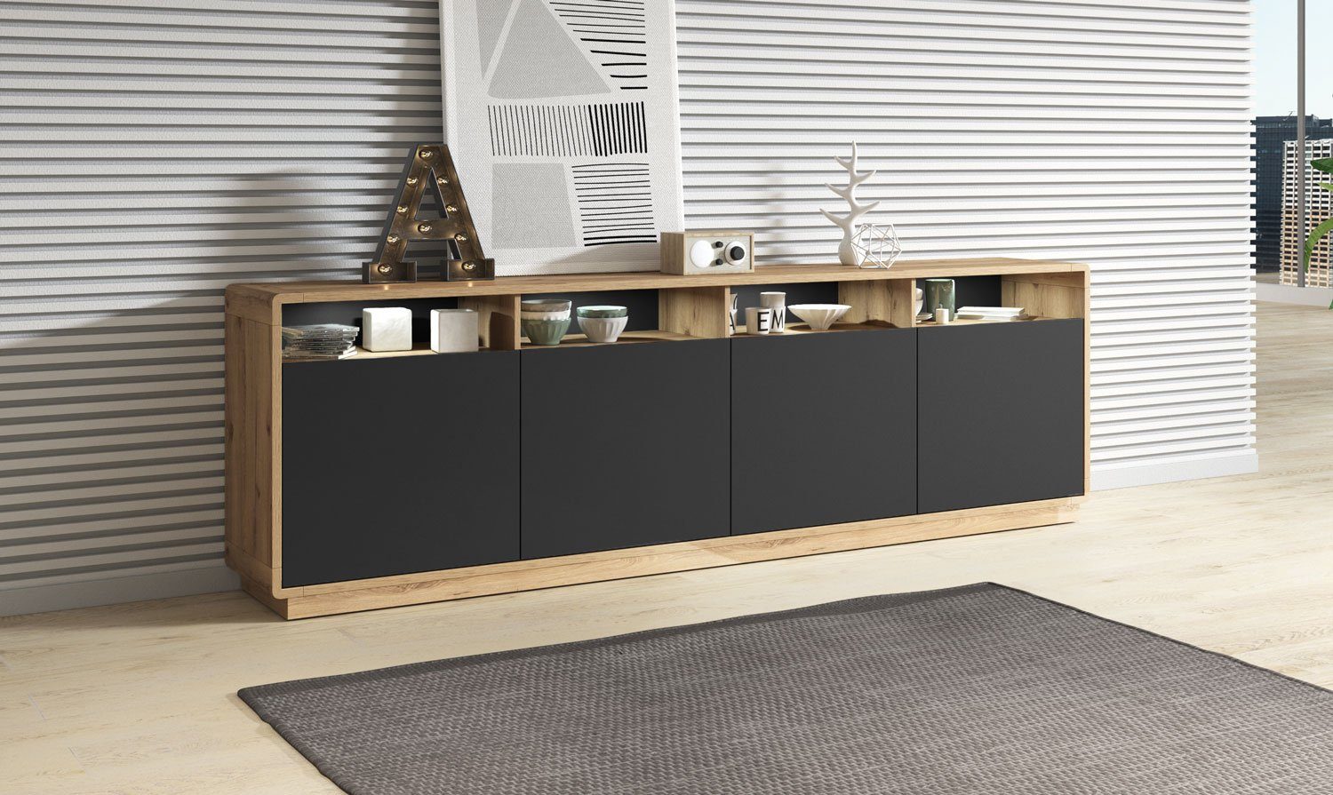 Helvetia Sideboard Aston (mit Türen, mit Soft-Close Funktion, mit offenen Fächern, 1 St., moderne Optik, 4-türig, mit offenen Fächern), 238x40x74cm Taurus Eiche schwarz 4-türig