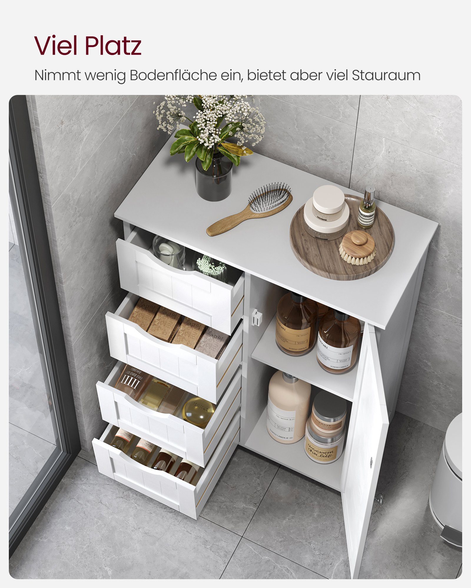 VASAGLE Badmöbel-Set Badezimmerschrank Badschrank Beistellschrank,verstellbare Ablage, mit 4 Schubladen, Schranktür,30 x 55 x 82 cm,Kommode – Bild 4 von 5