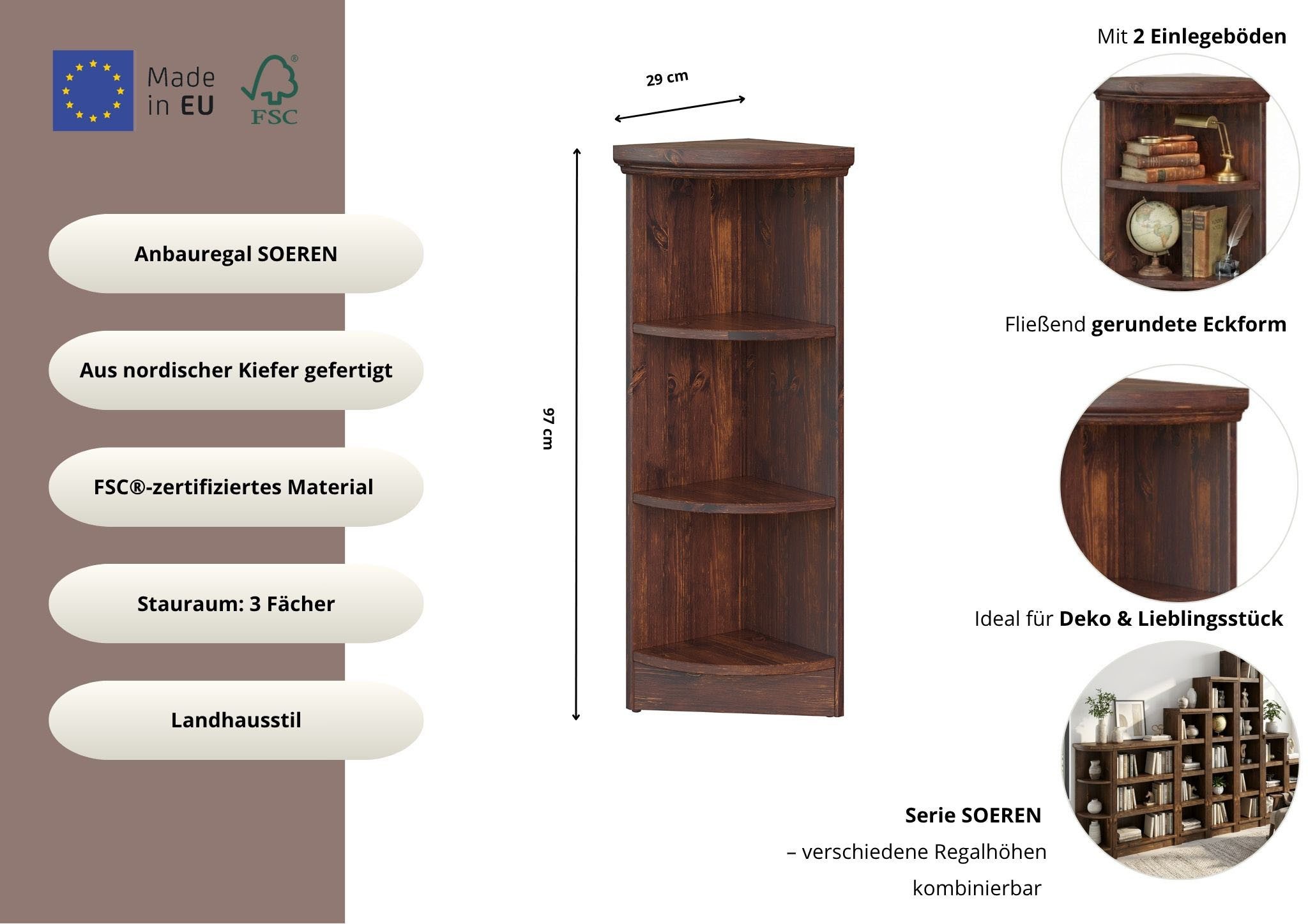 OTTO home Anbauregal Soeren Abschlussregal Höhen 97 bzw. 220 cm, aus massiver Kiefer, passend für Tiefe 29 cm, FSC®-zertifiziert – Bild 3 von 5