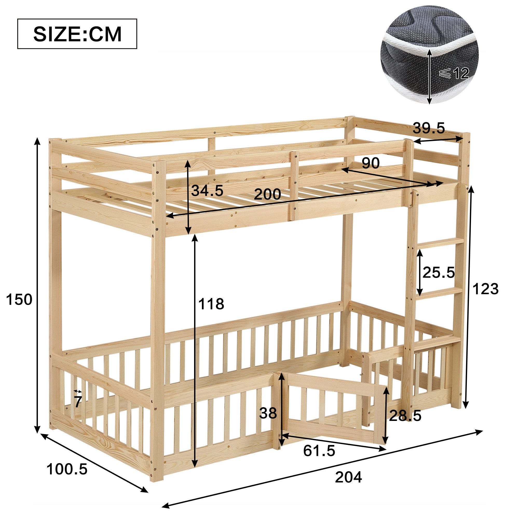 Flieks Etagenbett (mit rechtwinkliger Leiter, Zäune und Tür), Hochbett Kiefernholz Kinderbett mit oberem Lattenrost 90*200cm