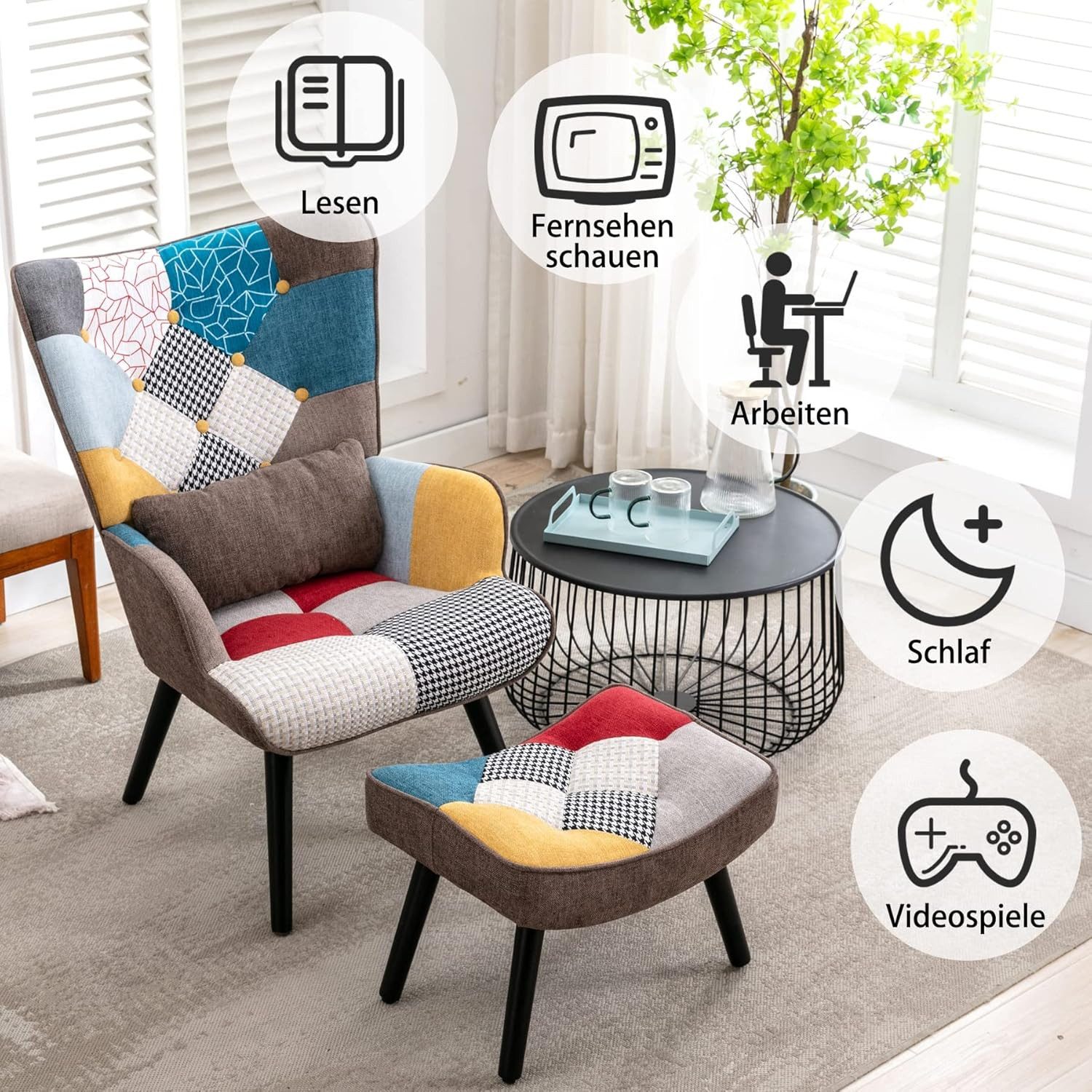 HomeMiYN Ohrensessel Relaxsessel Lehnstühle Patchwork Ohrensessel mit Hocke günstig online kaufen