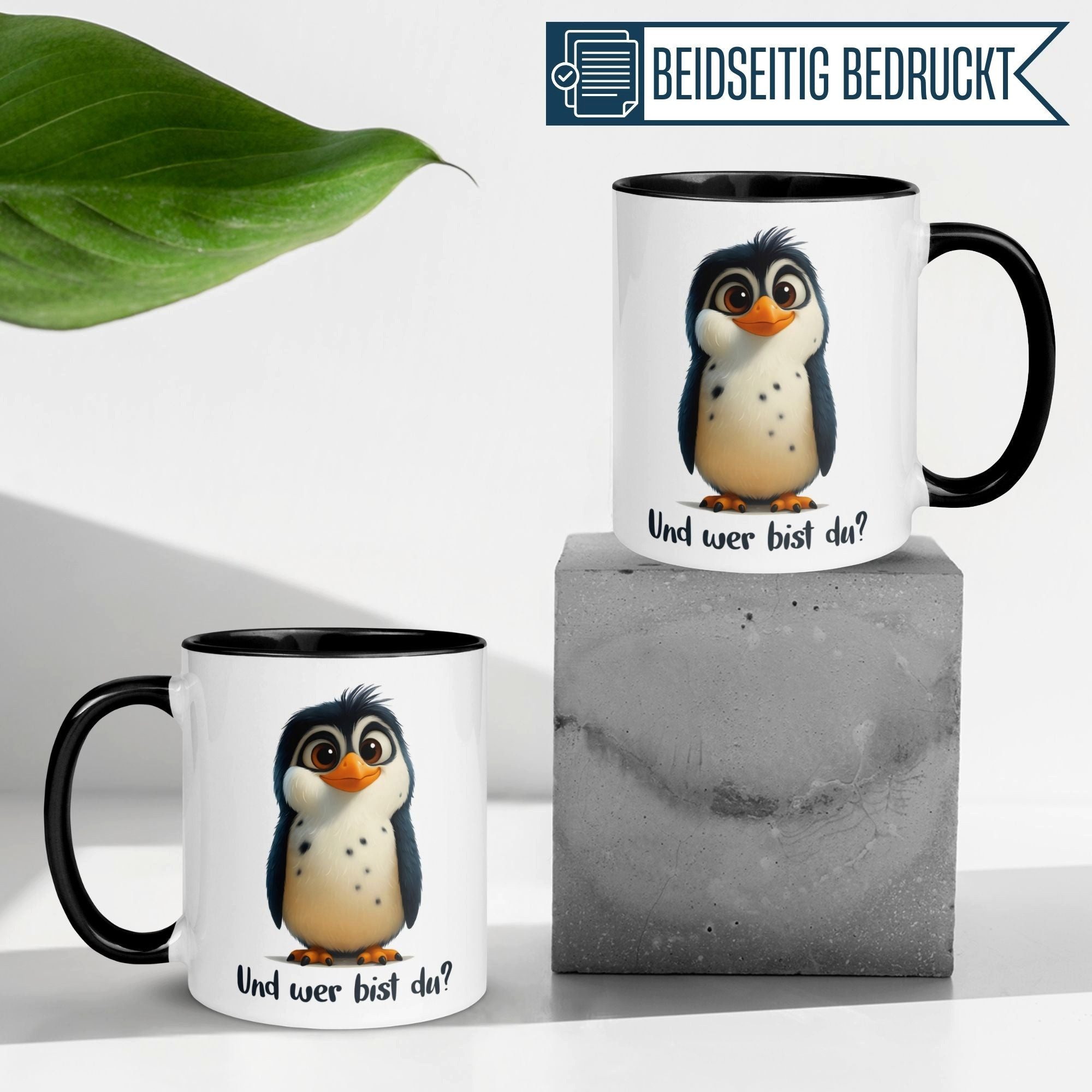 Momentals Tasse Pinguin – „Und wer bist du“ – lustiger Geschenk Becher für Pinguin Fan, Gratis Versand · Links-&Rechtshänder · Spülmaschinenfest