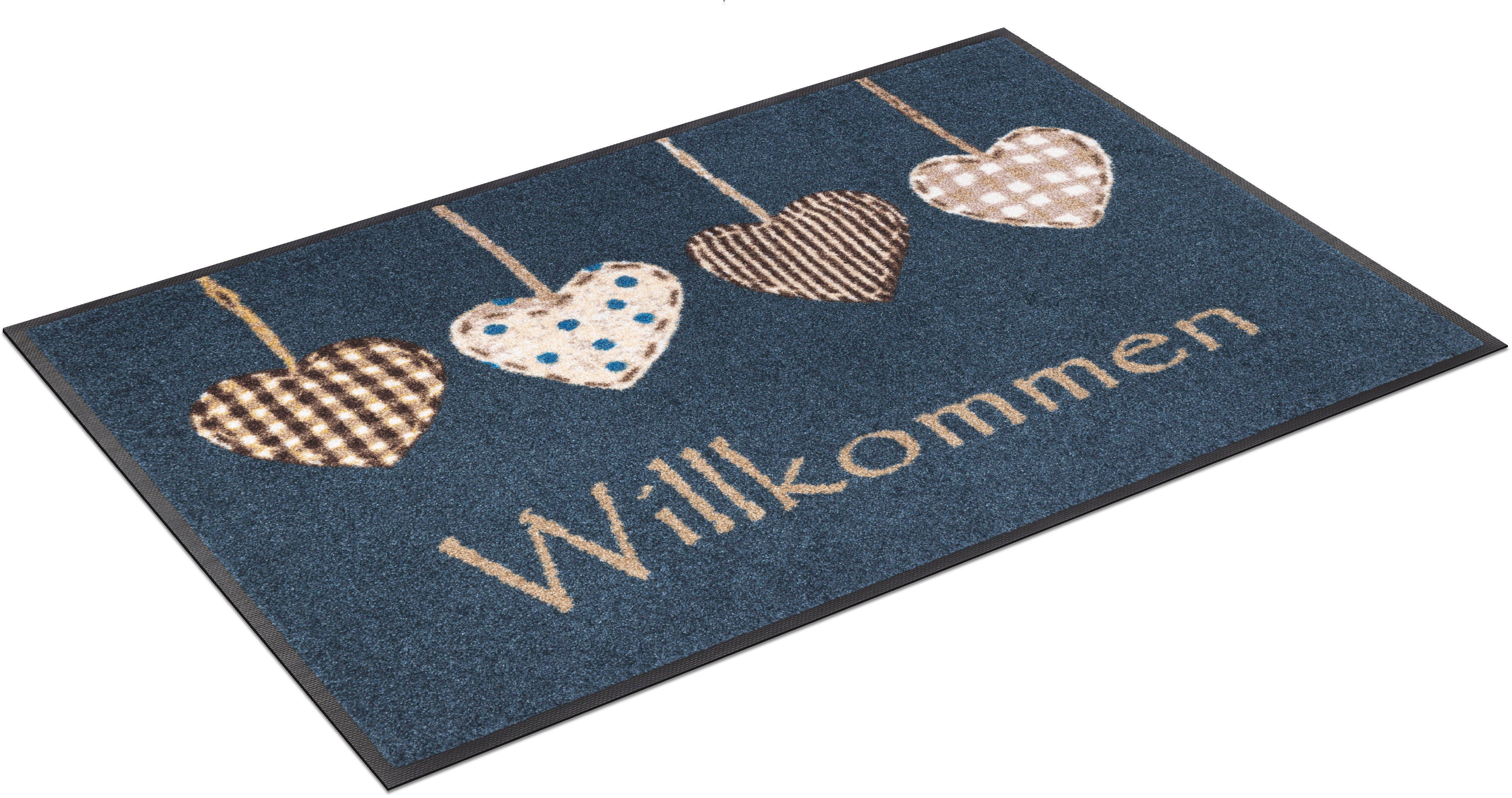 Fußmatte Cottage Hearts, wash+dry by Kleen-Tex, rechteckig, Höhe: 7 mm, Schmutzfangmatte, rutschhemmend, In- und Outdoor geeignet blau/beige