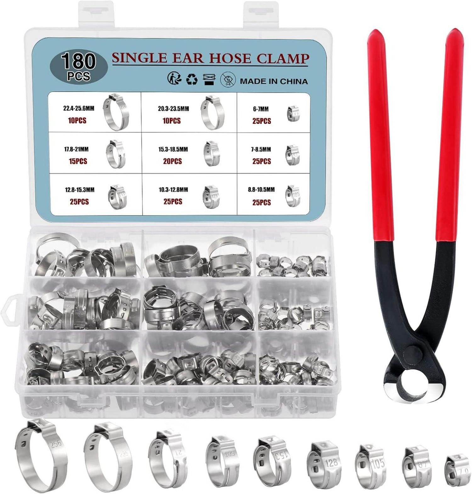 Multitool 180-teiliges Edelstahl Einohr-Schlauchschellen Set 6-25,6mm
