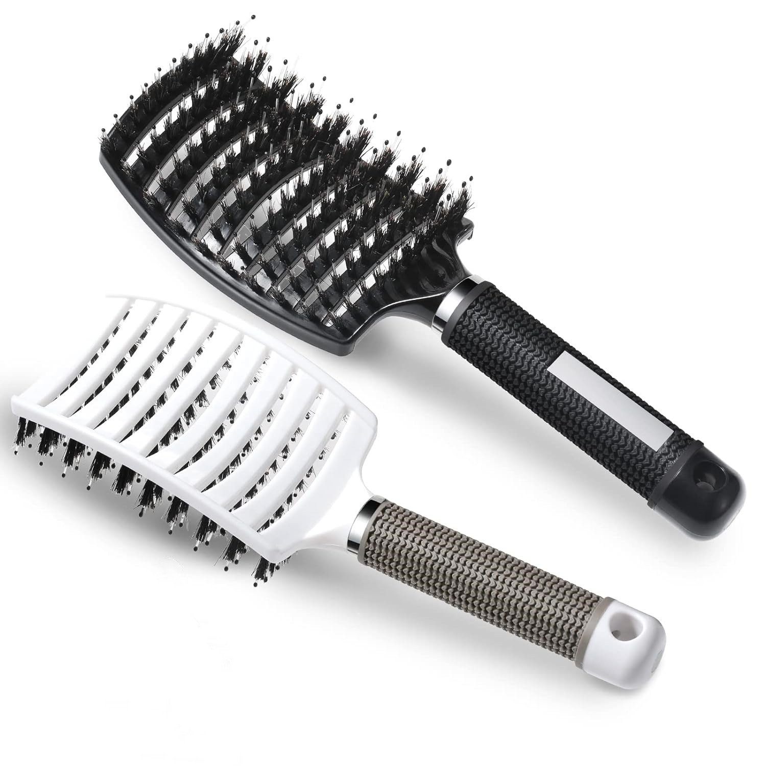 XDeer Haarbürsten-Set 2x Haarbürste ohne Ziepen Entwirrbürste mit Wildschweinborsten, gebogene und belüftete Haarbürste mit 4 Haar Klammer schwarz+weiß