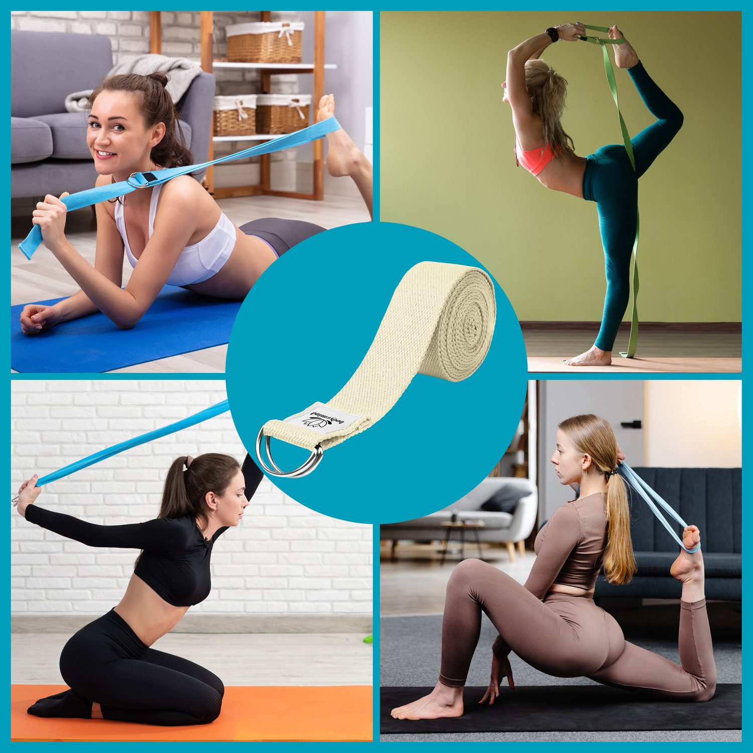 Body & Mind Yogagurt Body & Mind Yogagurt – Baumwolle Yoga Band mit D-Ring für Dehnung, Yoga-Band mit D-Ring-Verschluss