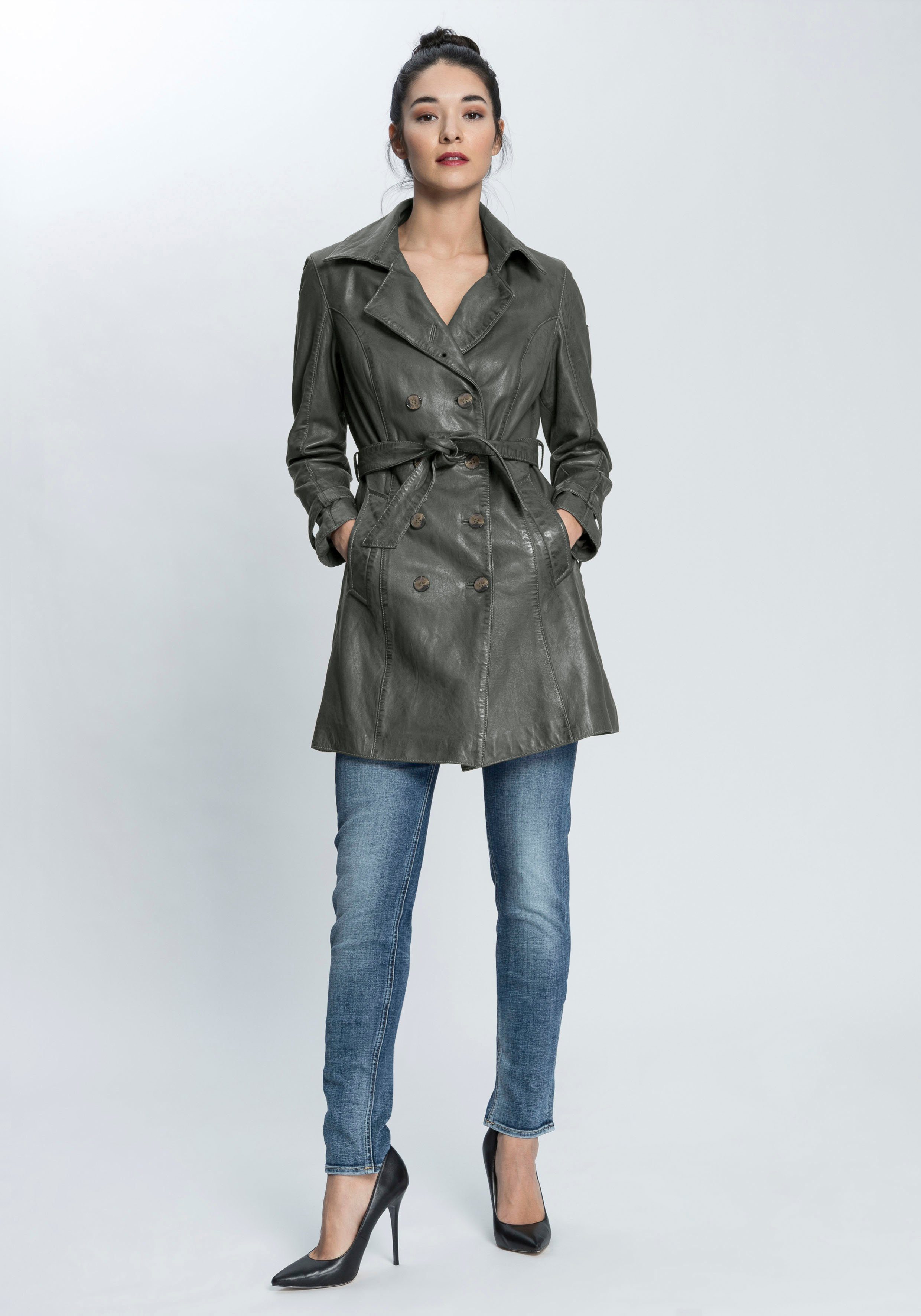 Gipsy Ledermantel Bindegürtel) Leder-Trenchcoat (2-tlg., Taresa Bindegürtel mit femininer mit green