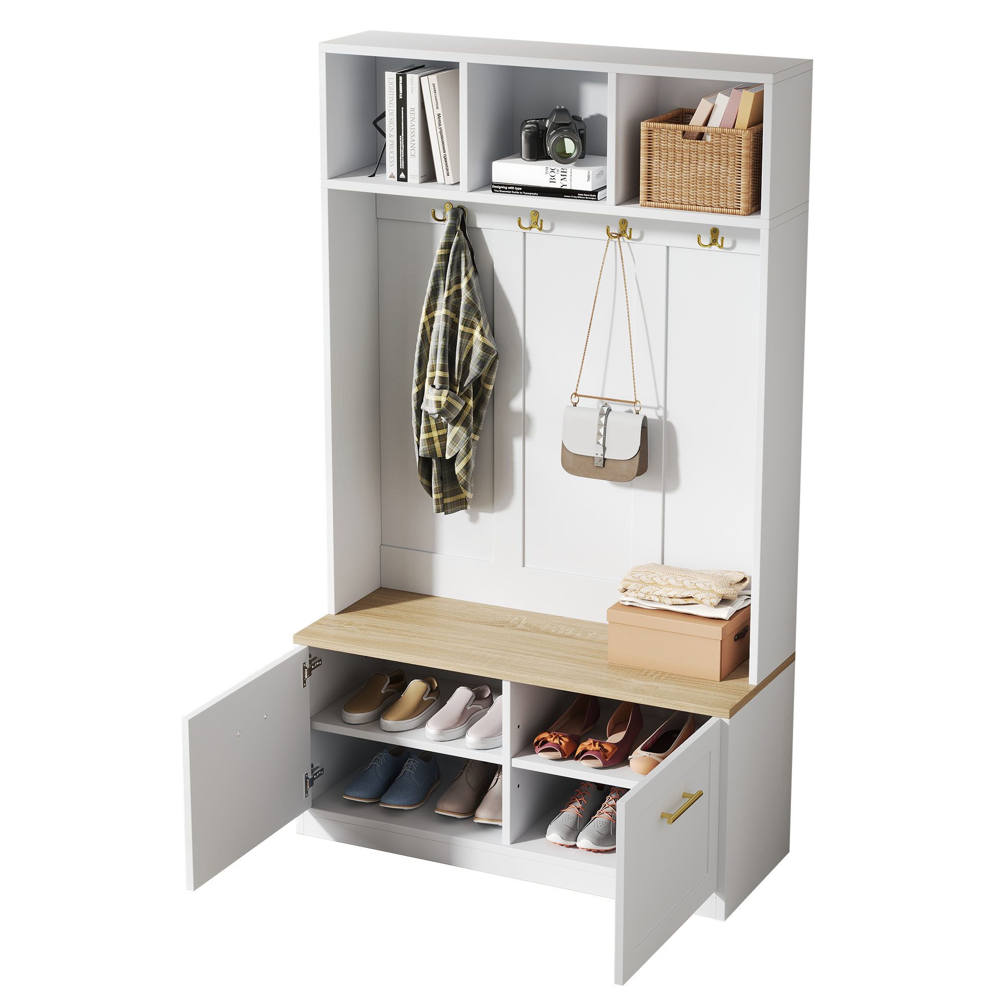 Refined Living Garderoben-Set Garderobenschrank mit Haken & Sitzbank, Flurgarderobe in Weiß, (Maße: B105/ /40/H180 cm, Kompaktgarderobe mit 4 Haken, offenem Stauraum und 2 TürenFlurmöbel, Kleiderhaken, Flurschrank mit Aufbewahrung, Eingangsbereich Möbel, Hakenleiste, Kompakter Garderobenschrank, Sideboard, Kommode, Aufbewahrungsbank, Schuhschrank, 1-St., platzsparendes Design,Stabile, langlebige Konstruktion,Goldoptik), für Flur,Wohnzimmer, Eingangsbereich,Wohnzimmer,Schlafzimmer,Wohnung