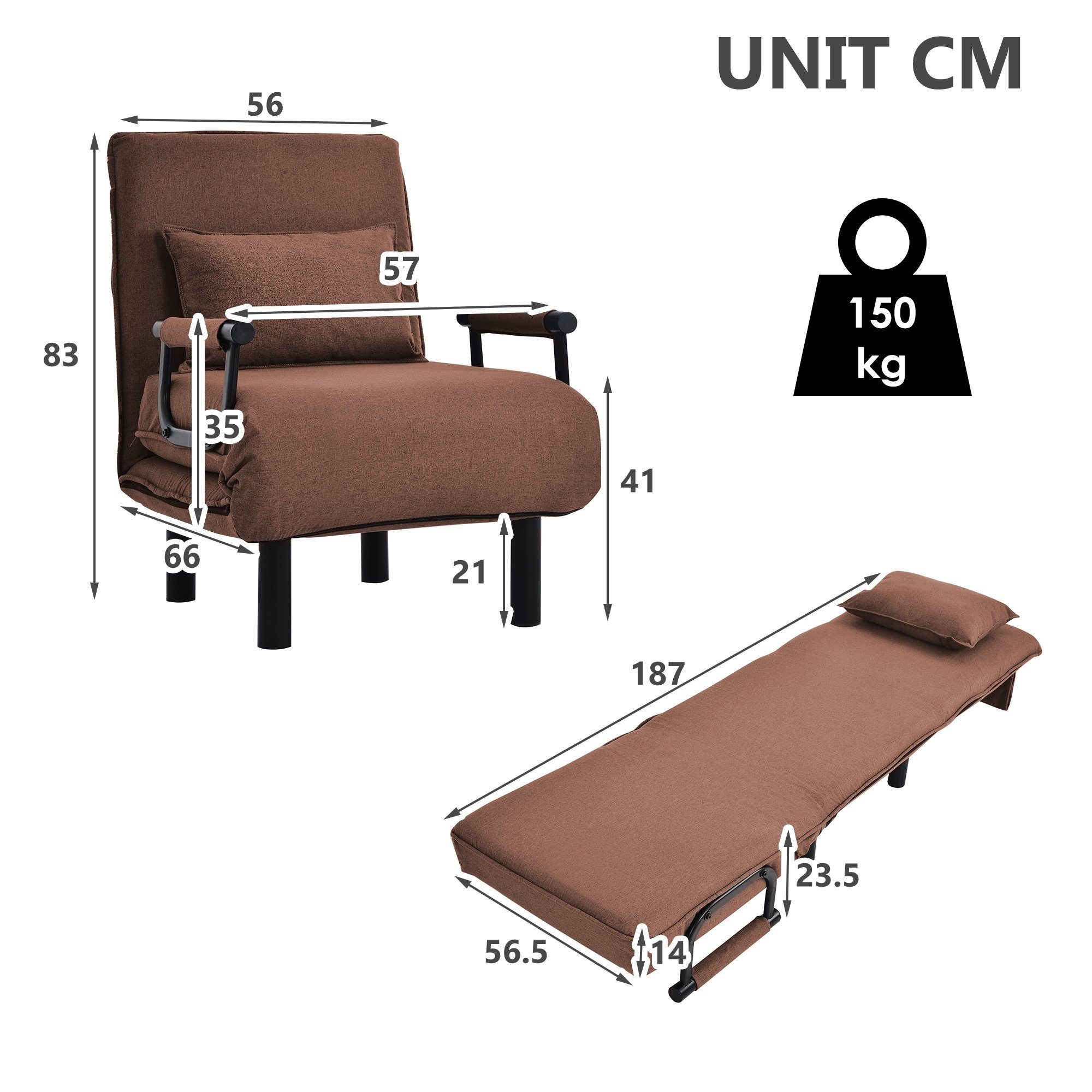 Schlafsofa Sessel mit 6 Bett Positionen verstellbare Stuhl Relaxsessel Schlafsessel Braun Rückenlehne WISHDOR Polsterstuhl Couch,