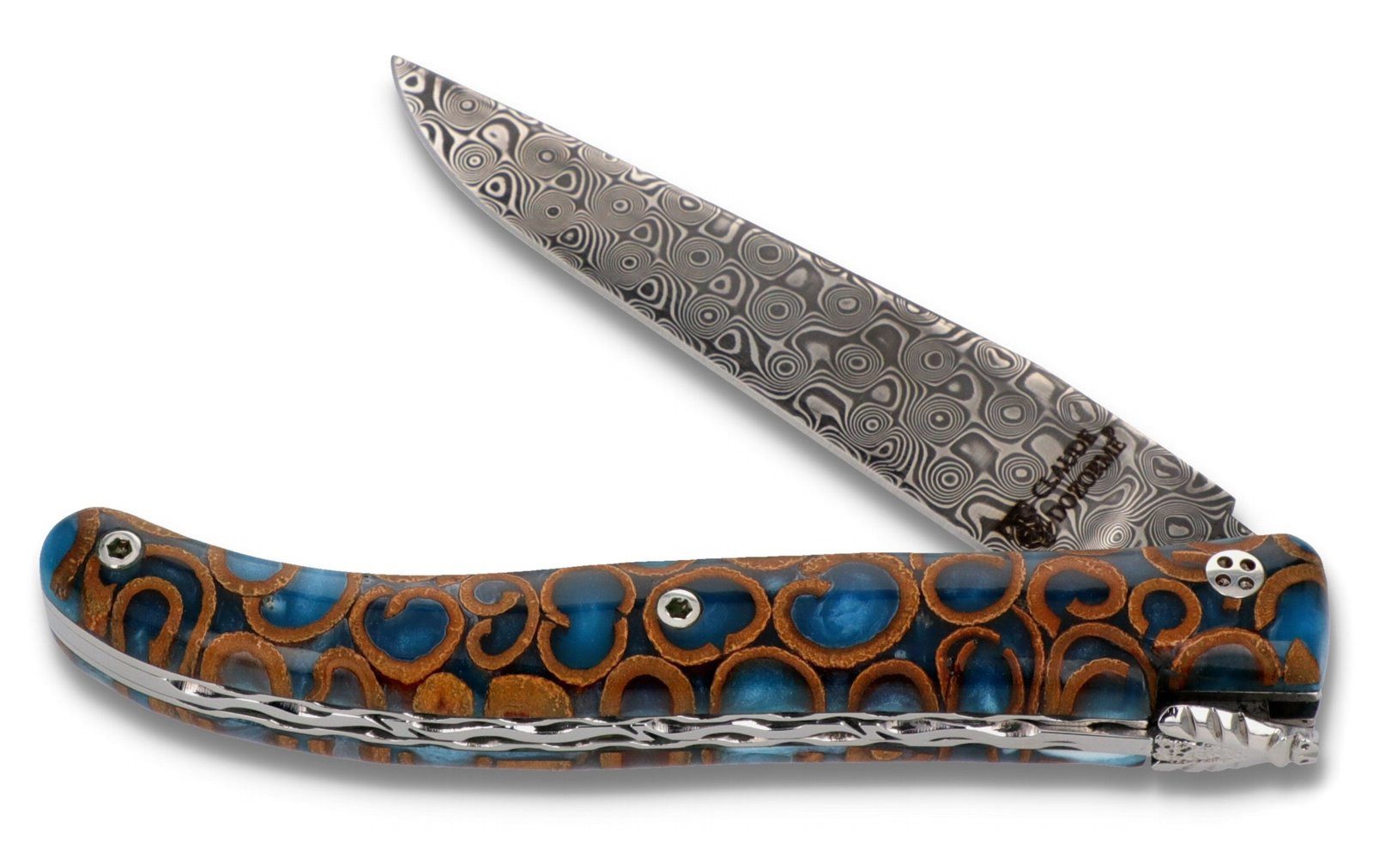 Claude Dozorme Taschenmesser 5.60.140.57CAD, Laguiole Damast - Griff 12cm Acryl/Zimt dunkelblau - Platine verziert