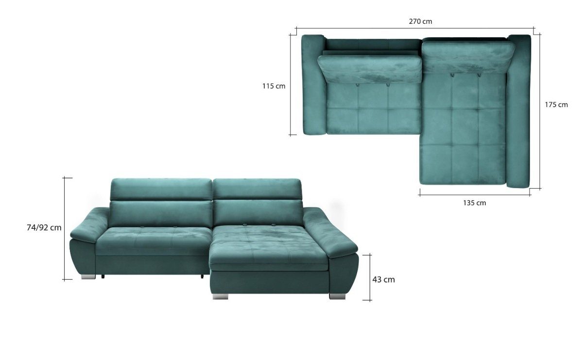 Sofa Dreams Ecksofa Fico Bettkasten hellgrau, Liegefläche, mit Schlaffunktion, Stauraum, Sitztiefe, mit verstellbaren mit Bettfunktion, mit mit Kopfstützen, mit verstellbarer ausziehbarer mit L-Form, Strukturstoff