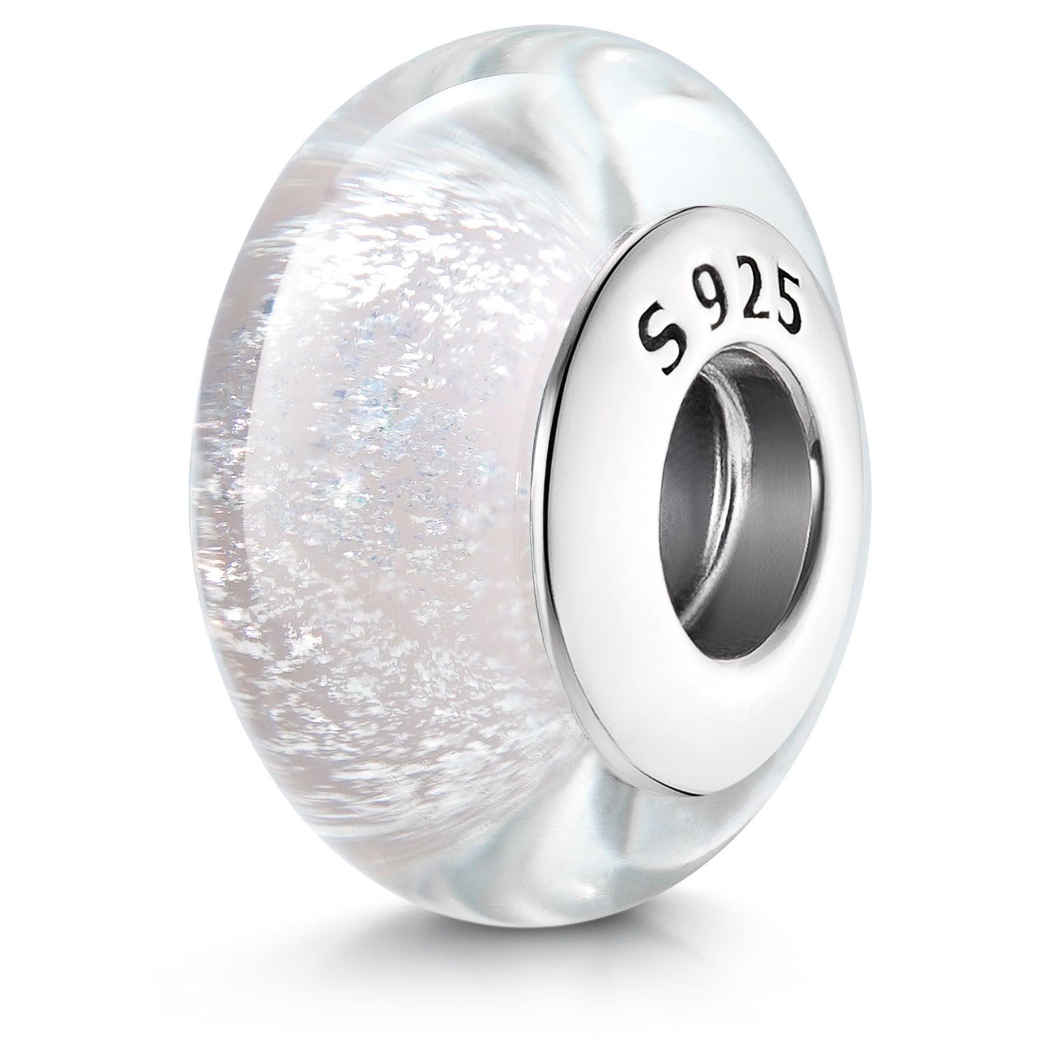 Materia Bead Glas Charm Weiß Glitzer Silber groß 1145, Hülse aus 925 Sterling Silber, mit Gewinde