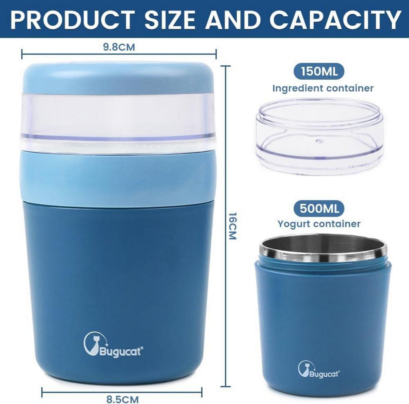 Thumbnail - LuxusKollektion Aufbewahrungsbox Bugucat Müslibecher to Go 2in1 Lunchpot Joghurtbecher 500ml+150ml Blau