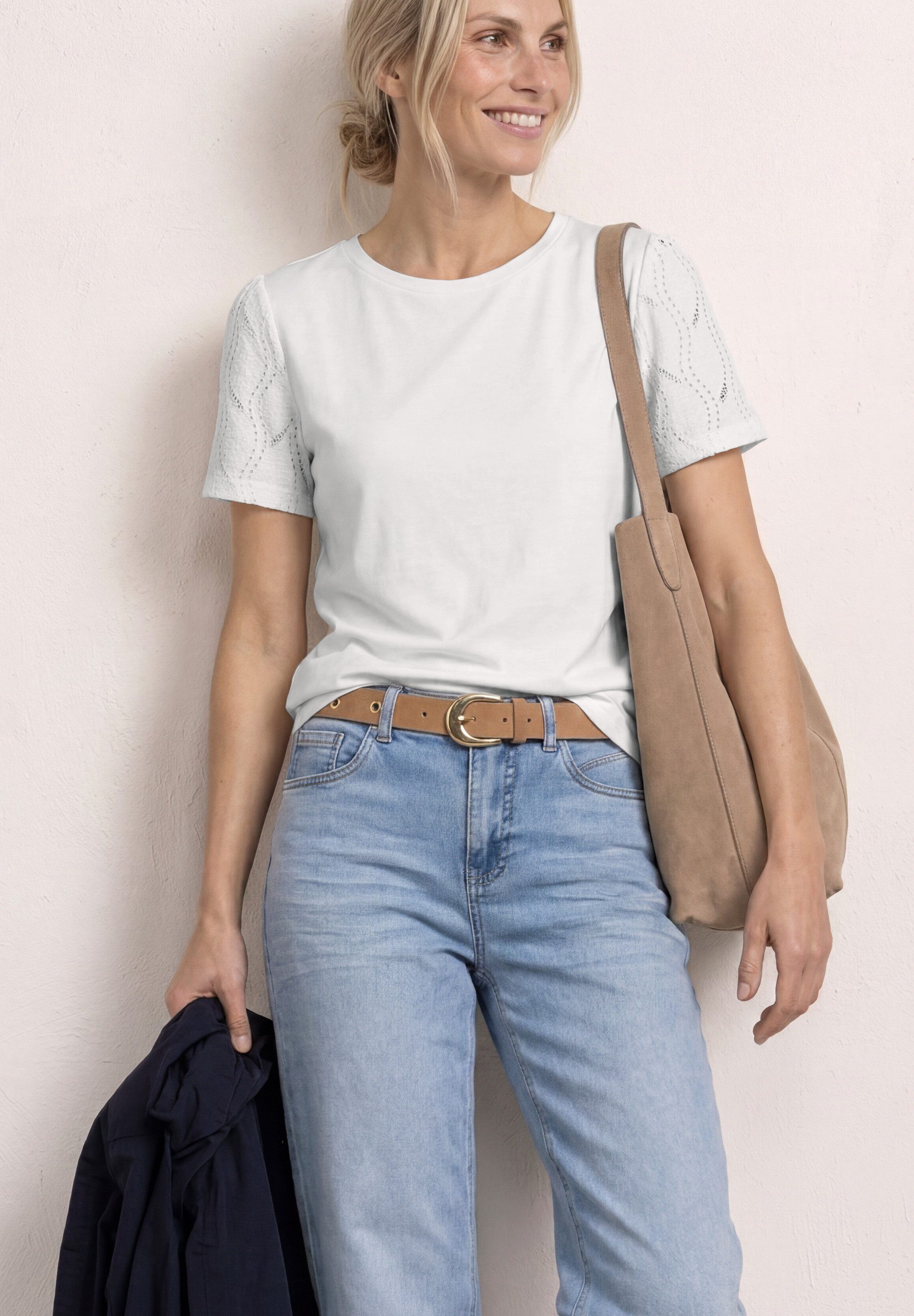 STREET ONE Rundhalsshirt Sommershirt mit Rundhals und Spitzenärmeln