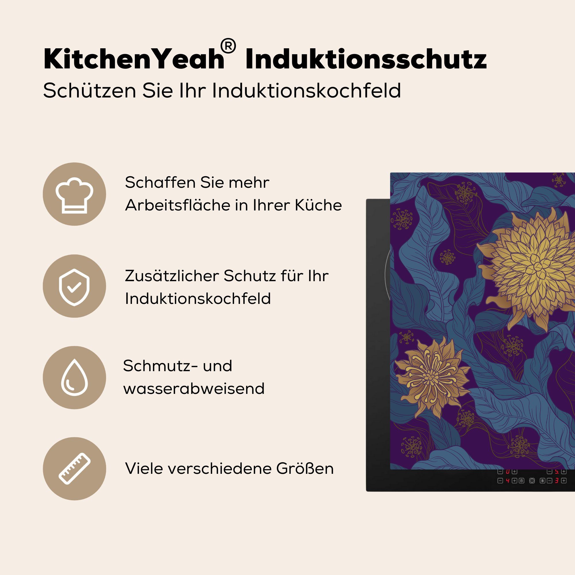 Herdblende-/Abdeckplatte 78x78 küche Lila und (1 cm, für MuchoWow Motiv Vinyl, Ceranfeldabdeckung, tlg), in Gold, Arbeitsplatte Florales