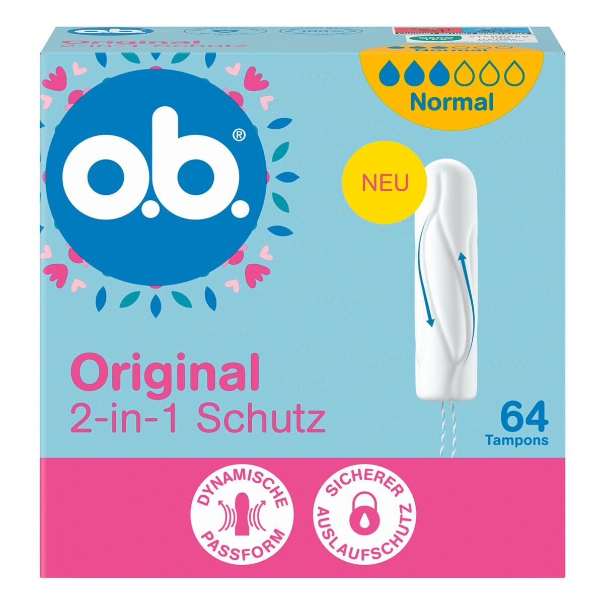 o.b. Tampons Original Normal, 3, normal Gr., 2-in-1 Schutz, 64 Stück