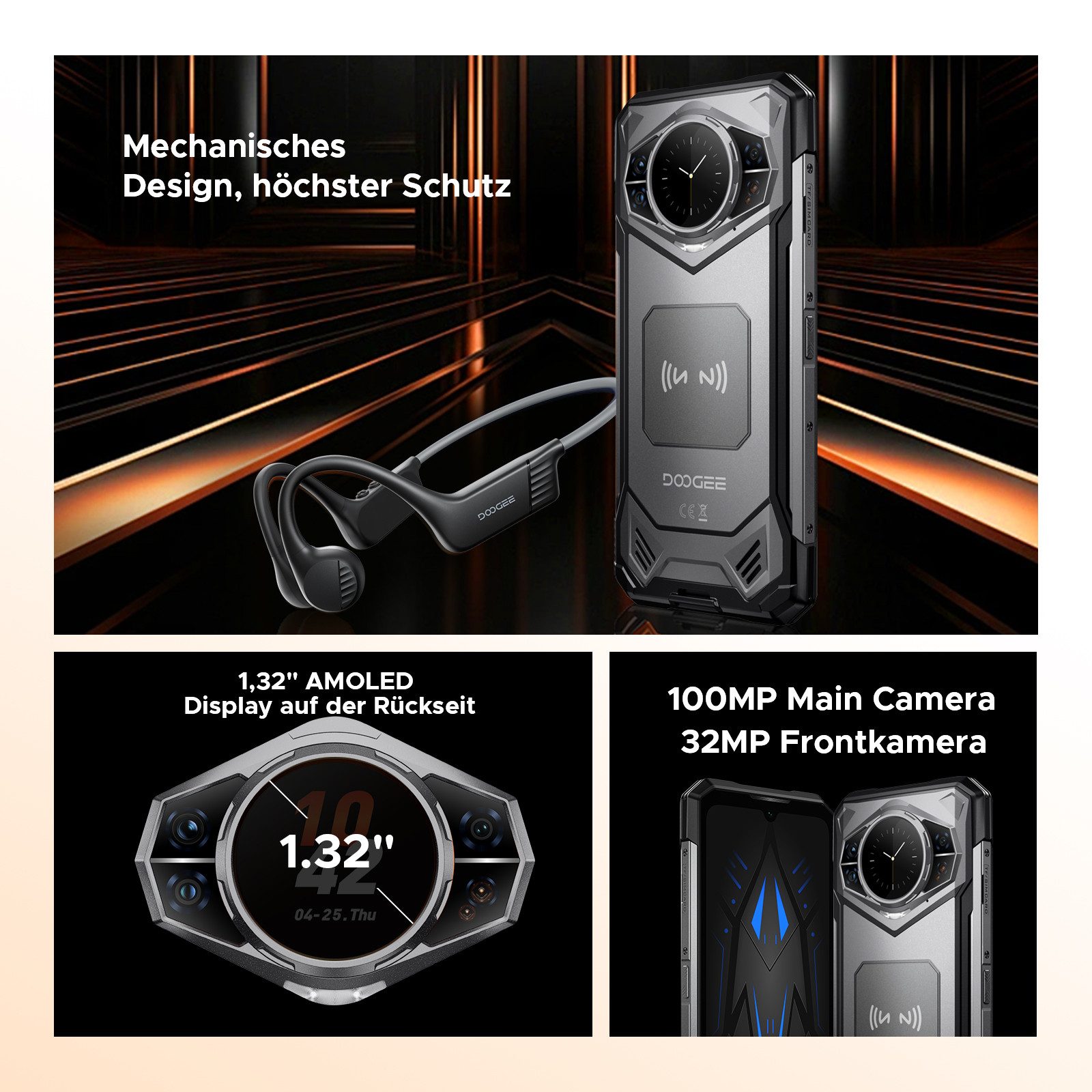 DOOGEE S200 5G Handy inkl. Knochenschall-Kopfhörer, Android 16 Outdoor Smartphone (6.72 Zoll, 256 GB Speicherplatz, 100 MP Kamera, 10100mAh, 256GB, IP68, Fingerabdruck, Dual SIM, NFC, Schnellladen)