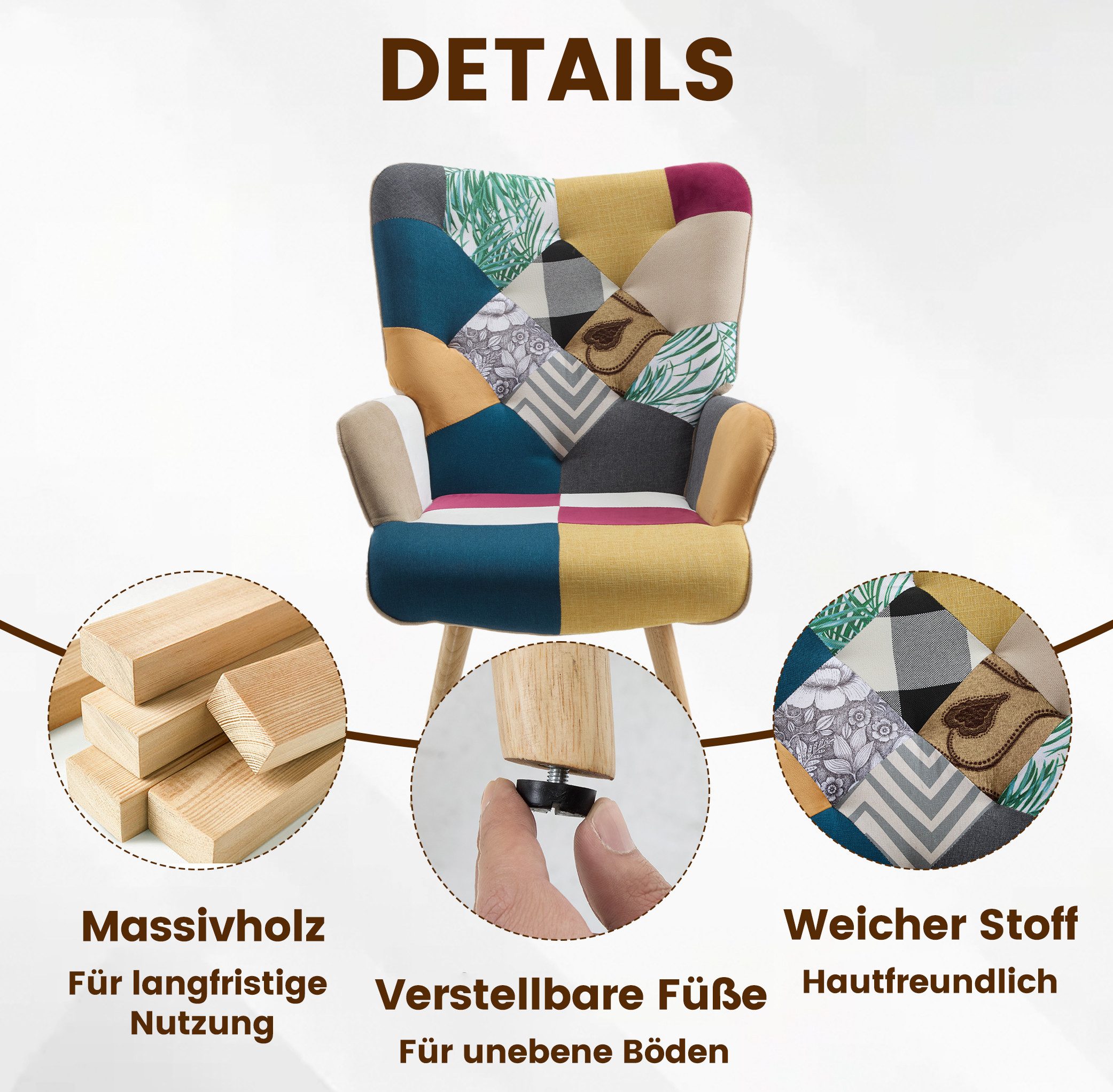 Aunekiv Sessel Patchwork-Sessel Ohrensessel aus Leinen mit Massivholz-Füßen (1-St), Relaxsessel für Wohnzimmer, Schlafzimmer & Leseecke – Bild 5 von 5