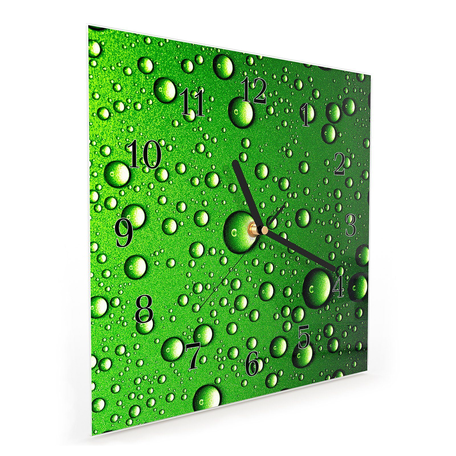 Wassertropfen mit Primedeco Motiv Wanduhr Glasuhr x 30 30 grün Wanduhr Wandkunst cm in Größe
