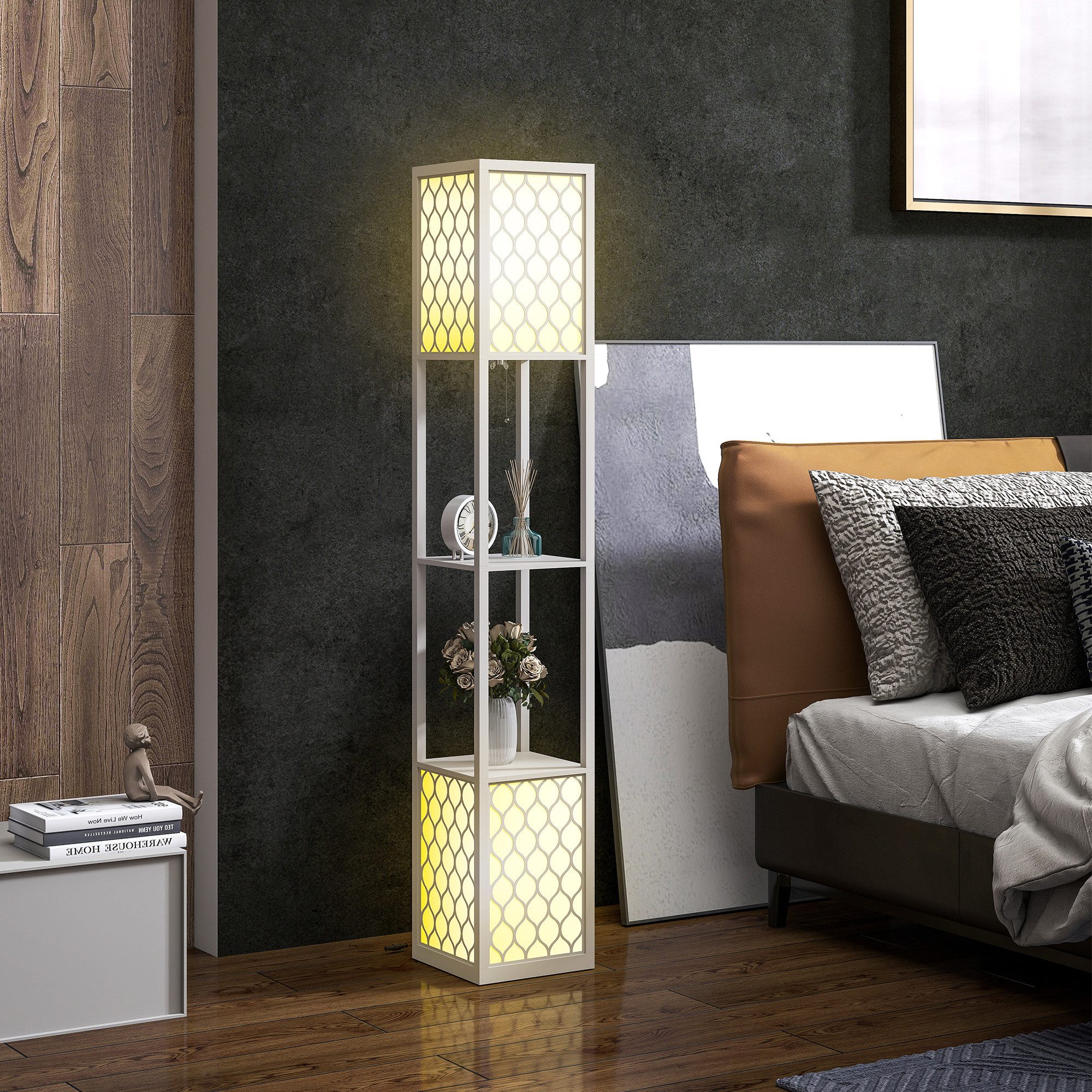 HOMCOM Stehlampe 40 W Standlampe mit E27 Sockel, 2 Ablagen, mit Doppellicht, LED, Halogenlampen, Glühbirnen, warm, exkl. Leuchtmittel, für Wohnzimmer, Schlafzimmer, Hellgrau