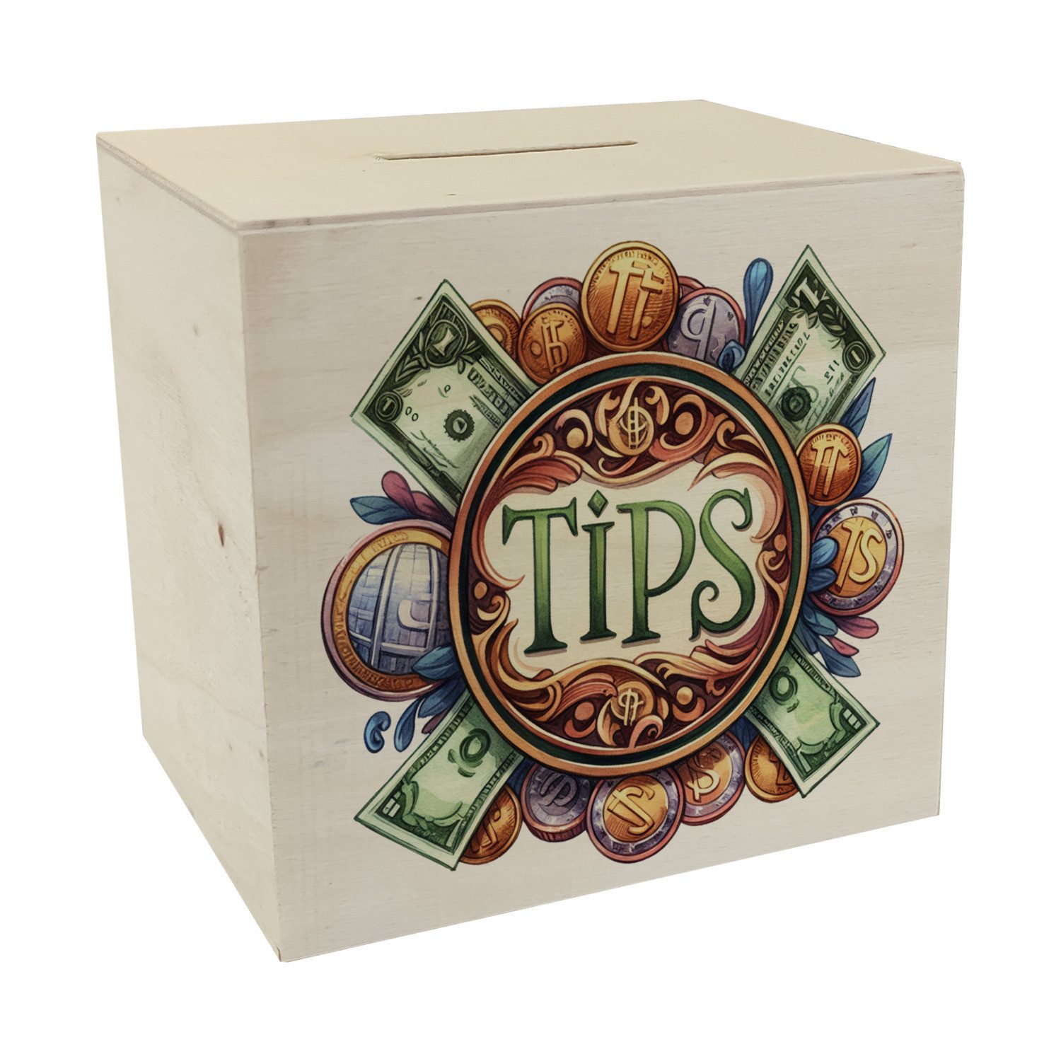 Spardose Trinkgeld Retro Spardose aus Holz mit Spruch Tips