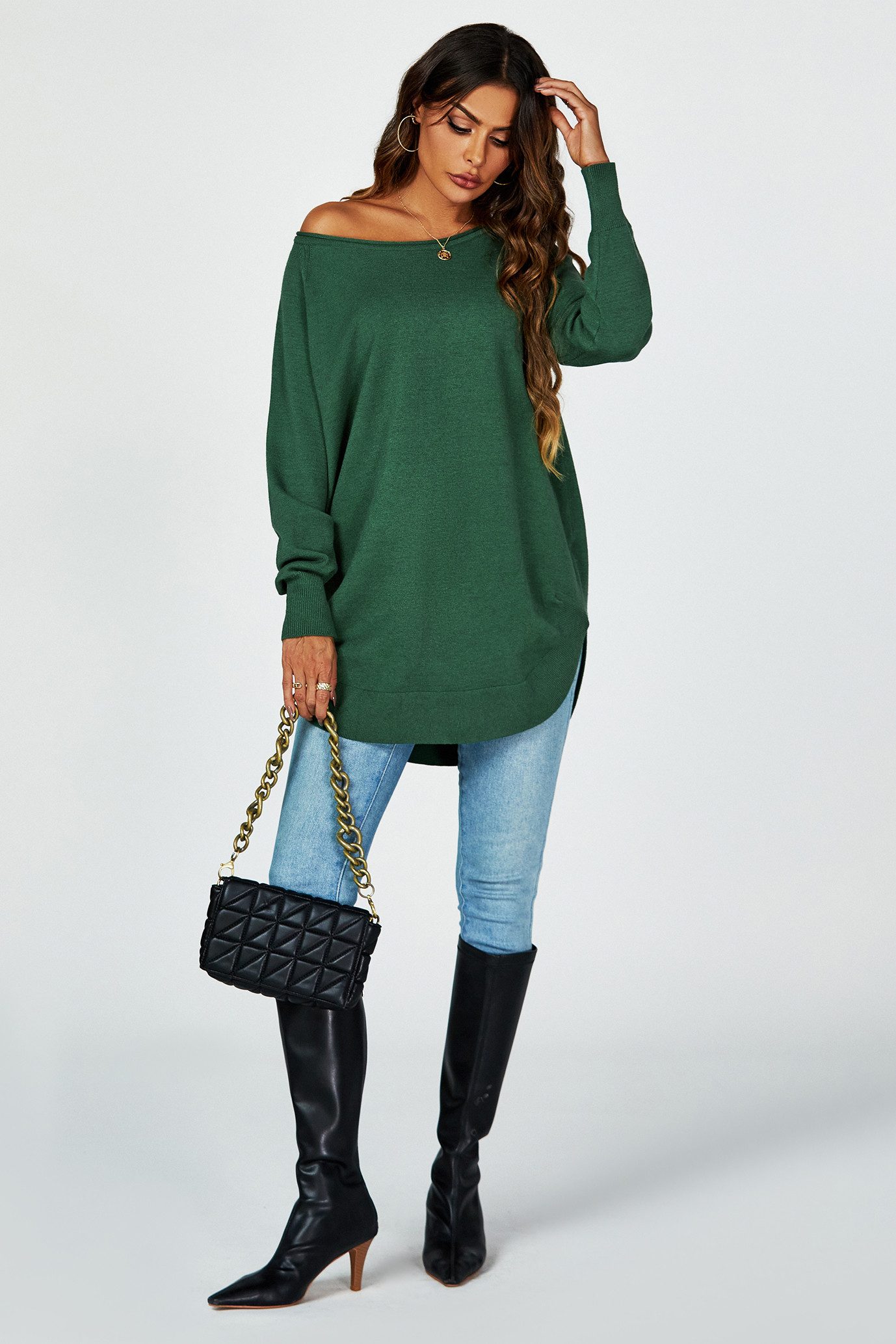 FS Collection Longpullover Damen Longpullover Oversize Strickpullover für Herbst/Winter, Onesize (Einheitsgröße: UK 8–16 / EU 36–44, 4 Farben : Schwarz, Creme,Hellgrau und Dunkelgrün) 50 % Polyacryl, 30 % Polyamid, 20 % Polyester
