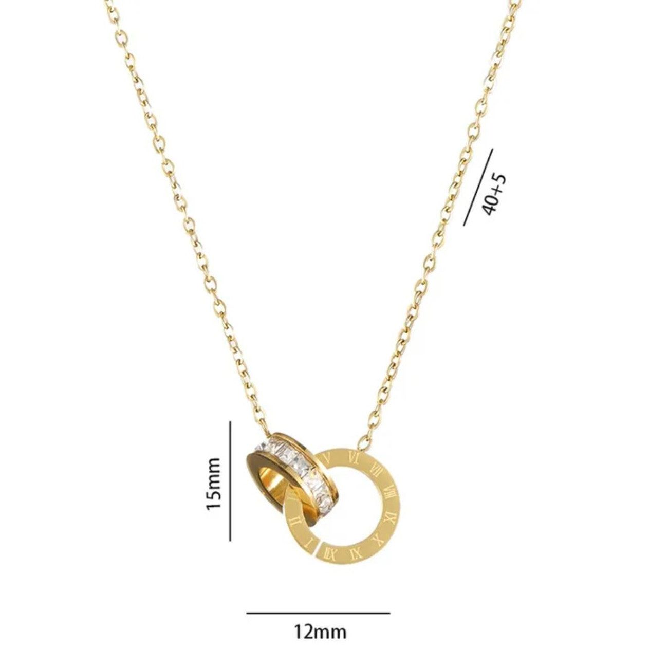 KARMA Kette mit Anhänger Damen Edelstahl Gold Kette mit Doppelring (Set, wasserfest & antiallergisch Damenhalskette), mit römischen Ziffern und funkelnden Steinen