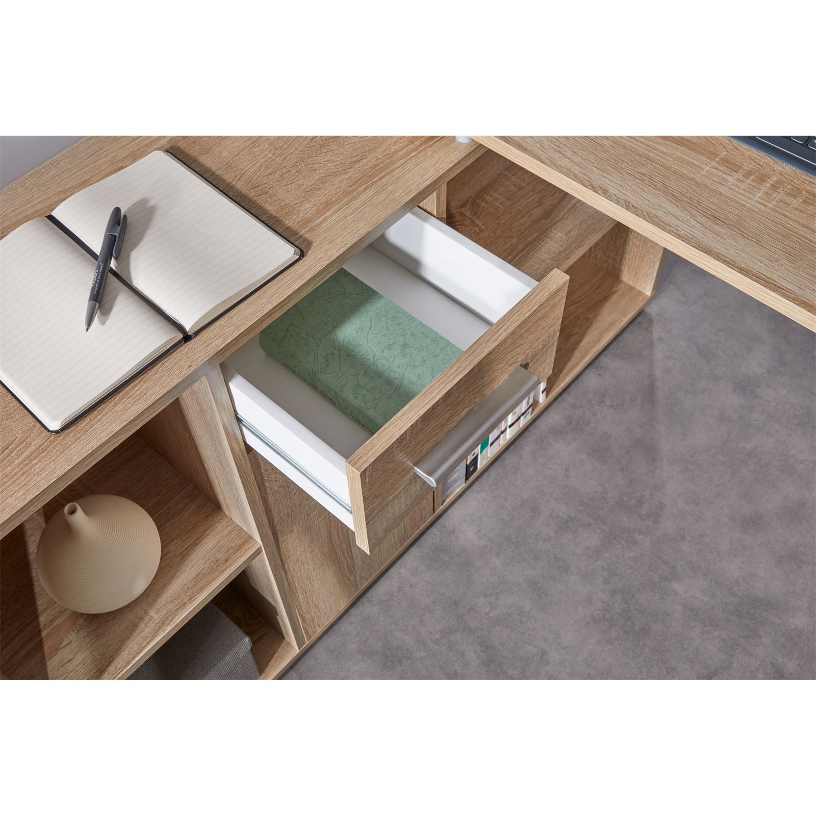 CARO-Möbel Eckschreibtisch DIEGO, Schreibtisch mit Stauraum in L-Form, Home Office Tisch sonoma eiche
