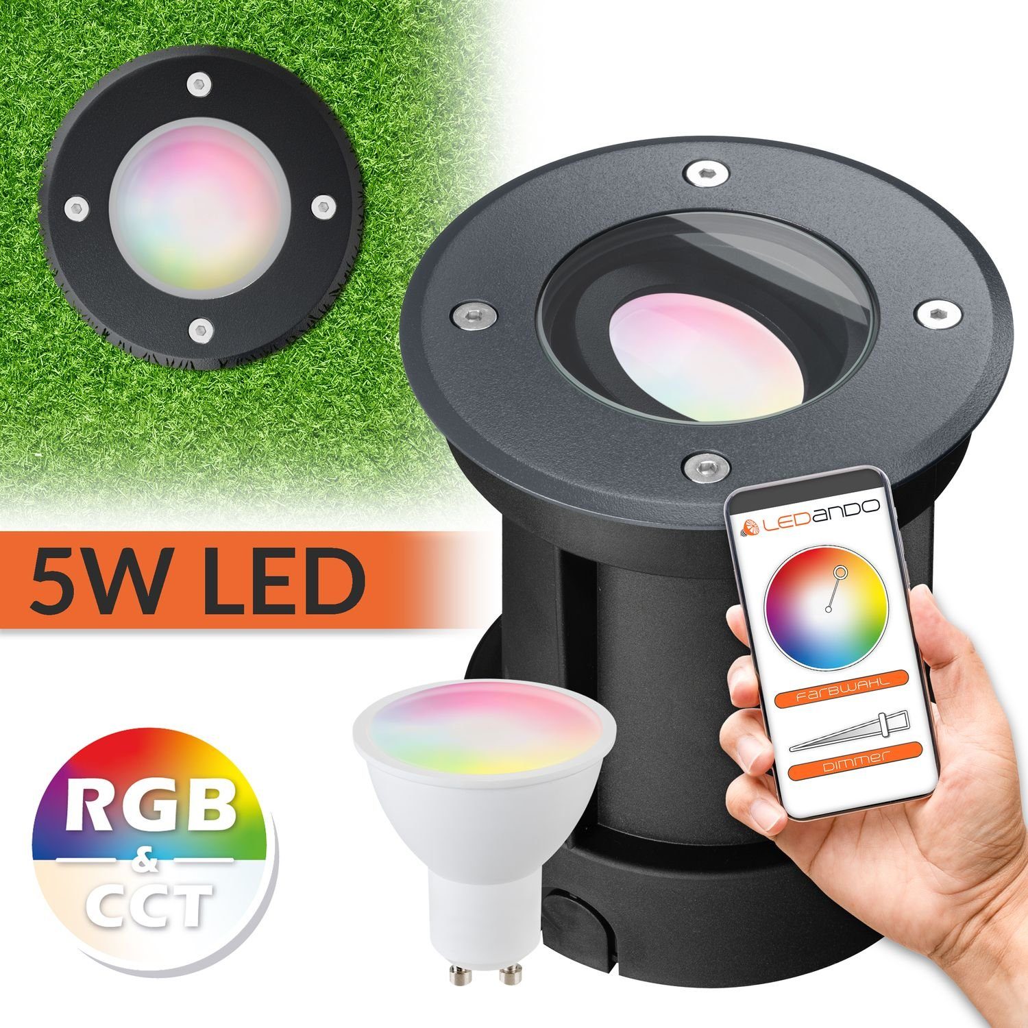 LEDANDO LED Einbaustrahler 5W LED + Set Bodeneinbaustrahler per WiFi Smart App - RGB steuerbar 