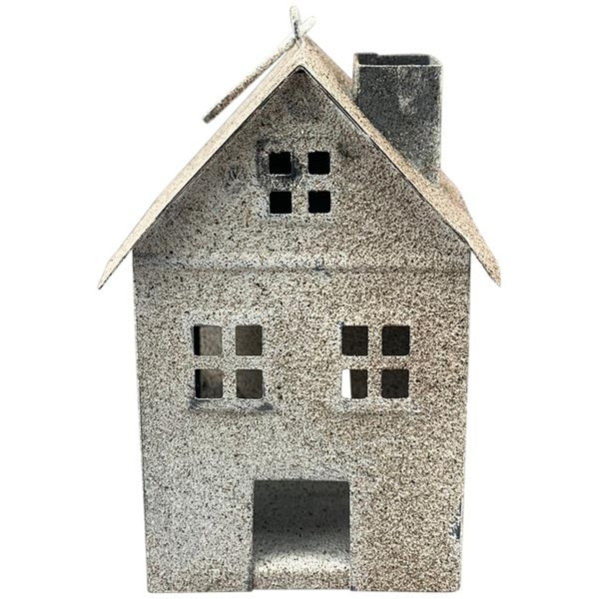 finehomegarden Dekofigur Deko Haus Windlicht Teelichthaus Metall 12x8cm H15,5cm Lichthäuser (1 St), stehend für Garten, Terrasse, Balkon oder Zuhause grau/braun
