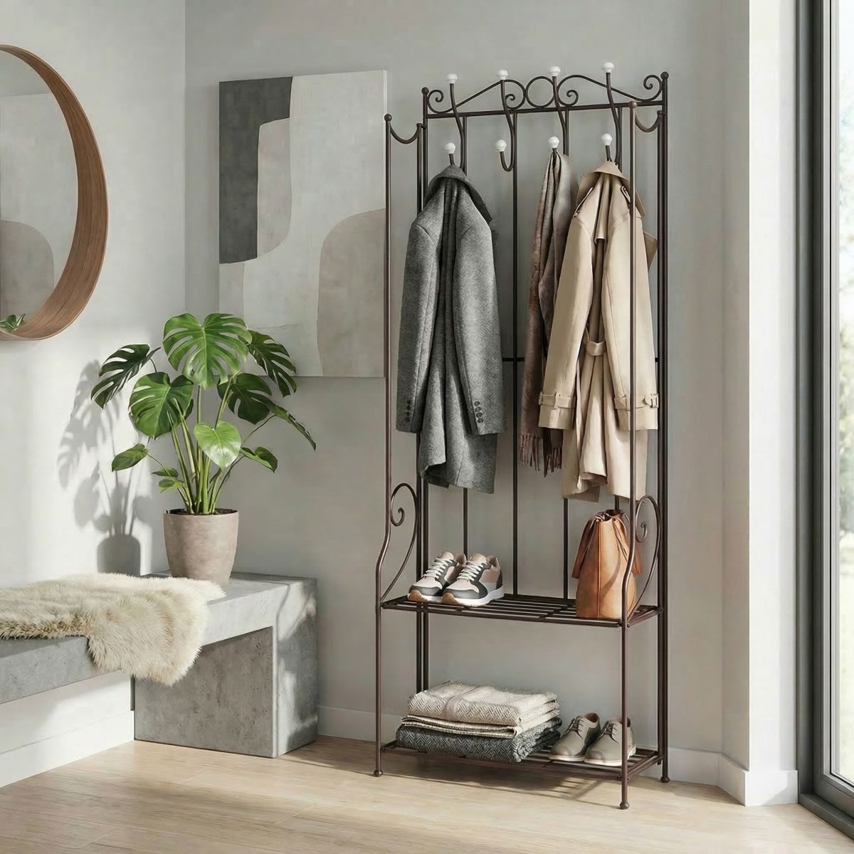 Ambiente Haus Garderobenständer Garderobe im Landhaus-Stil mit 4 Haken, und 2 Regalböden aus Metall