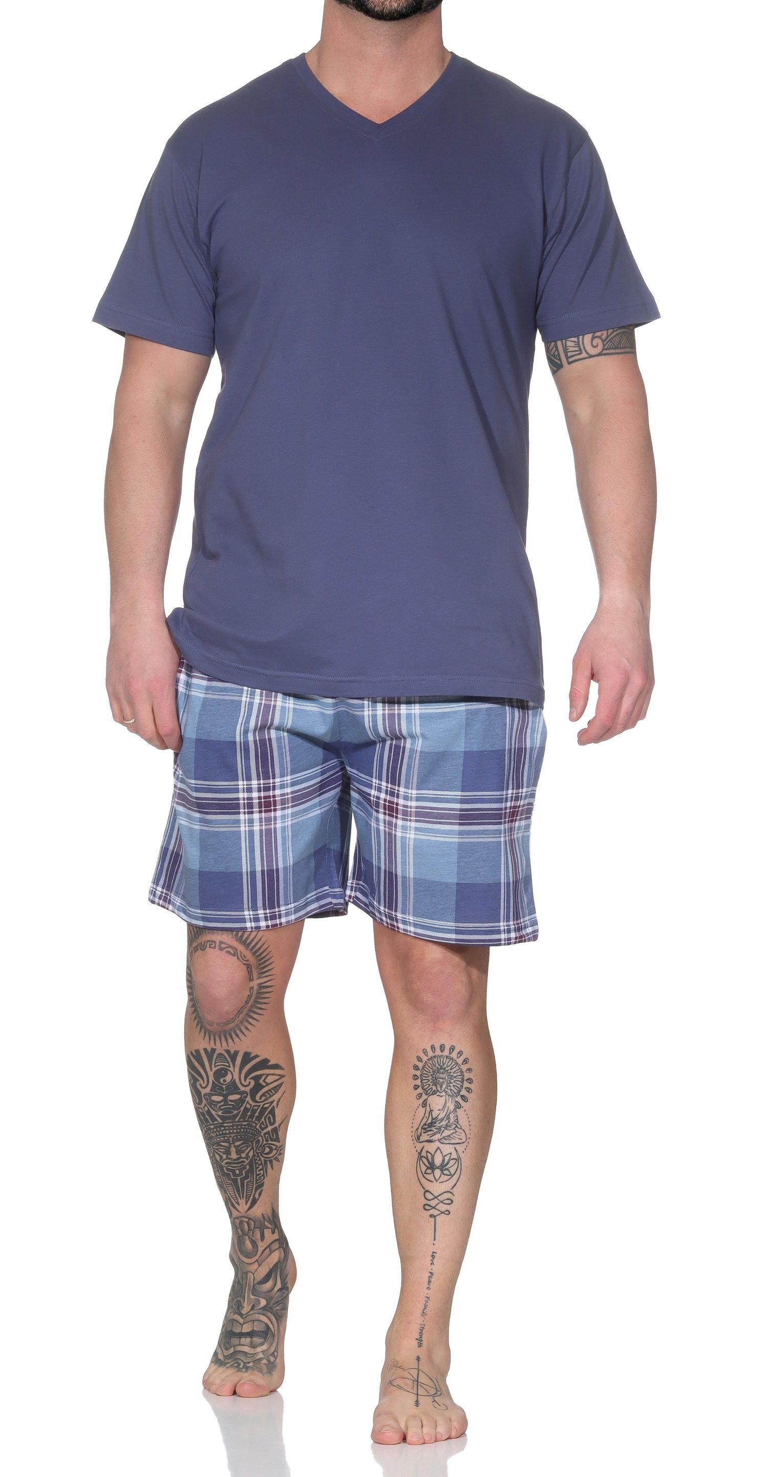 Normann Pyjama Normann Herren kurzarm Schlafanzug Shorty mit karierter Hose