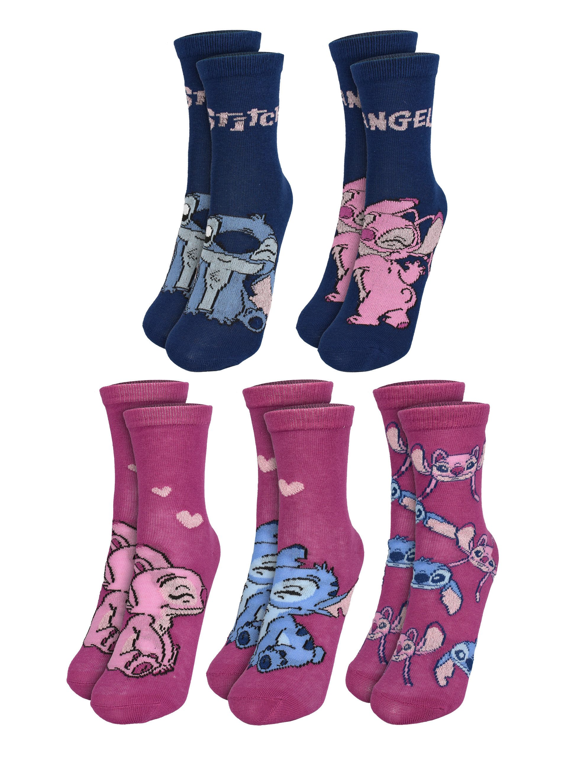 United Labels® Socken Disney Lilo & Stitch Socken Angel Söckchen Blau/Pink (5er Pack) Originallizenz