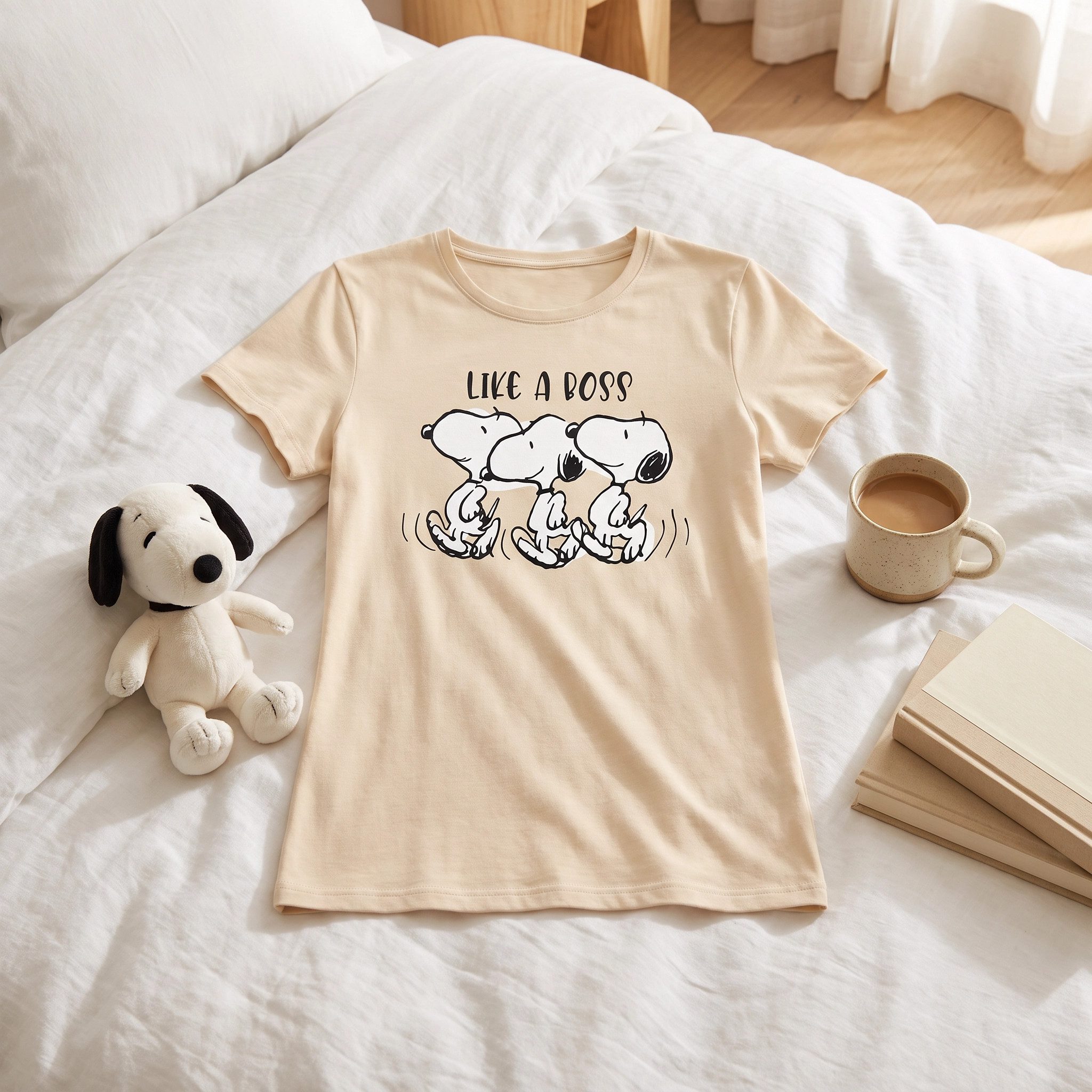 Snoopy Pyjamaoberteil Snoopy Like a Boss Damen kurzarm Schlafshirt Nachthemd Gr. XS bis XL 100% Baumwolle