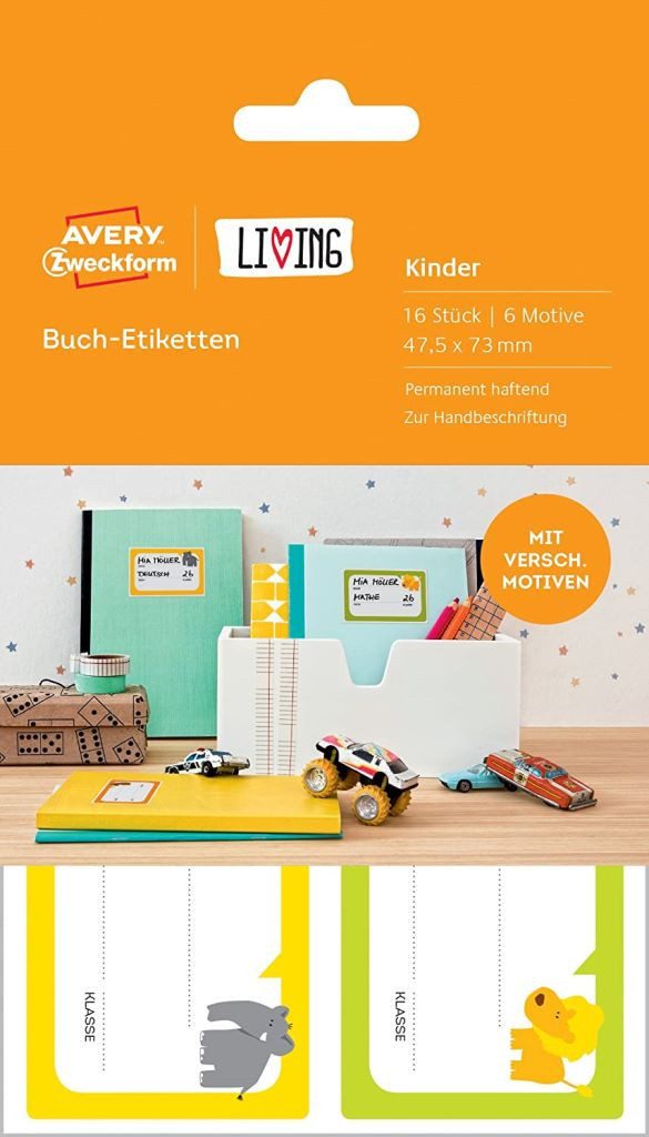 Avery Zweckform Etikettenpapier LIVING Kinder 16x Buch-Etiketten 47,5x73mm, Namens-Aufkleber Haushalts-Etiketten Sticker Heft Abgerundete Ecken
