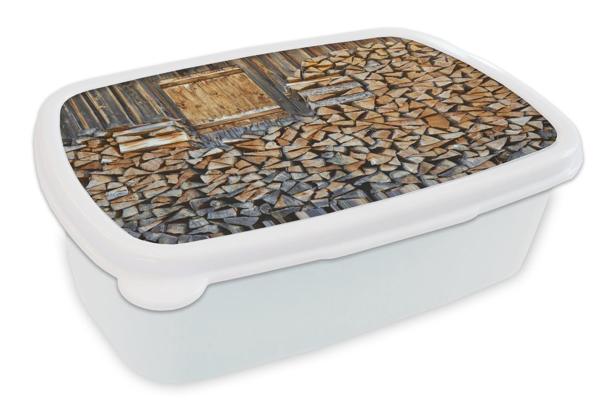 MuchoWow Lunchbox Brennholz für eine Holzwand, Kunststoff, (2-tlg), Brotbox für Kinder und Erwachsene, Brotdose, für Jungs und Mädchen weiß