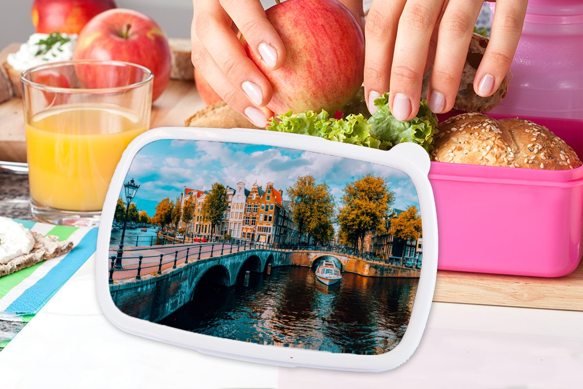 MuchoWow Lunchbox Panorama - Brotdose Kunststoff, Erwachsene, - Gracht, Mädchen, für Kunststoff Amsterdam (2-tlg), Snackbox, rosa Brotbox Kinder