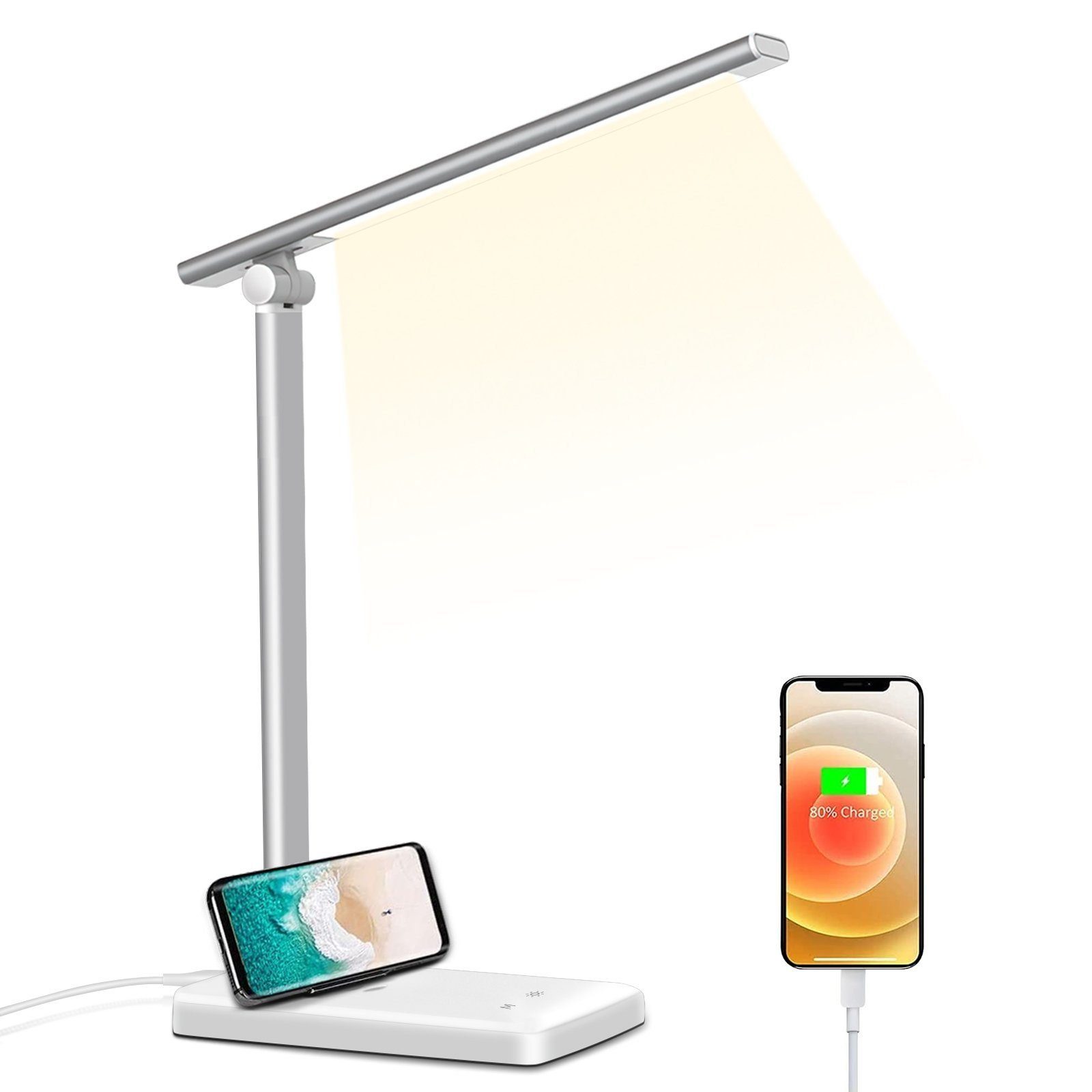MDHAND LED Schreibtischlampe LED Dimmbare Tischleuchte 8W Tischlampe, Augenschutz-Modus, LED fest integriert, USB-Anschluss