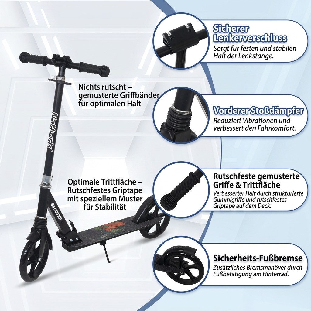 Nattork Scooter Klappbarer Kickscooter für Kinder und Erwachsene, bis 100 kg Traglast, (1 tlg), Stabiler Tretroller mit höhenverstellbarem Lenker, 8-Zoll PU-Räd – Bild 3 von 5
