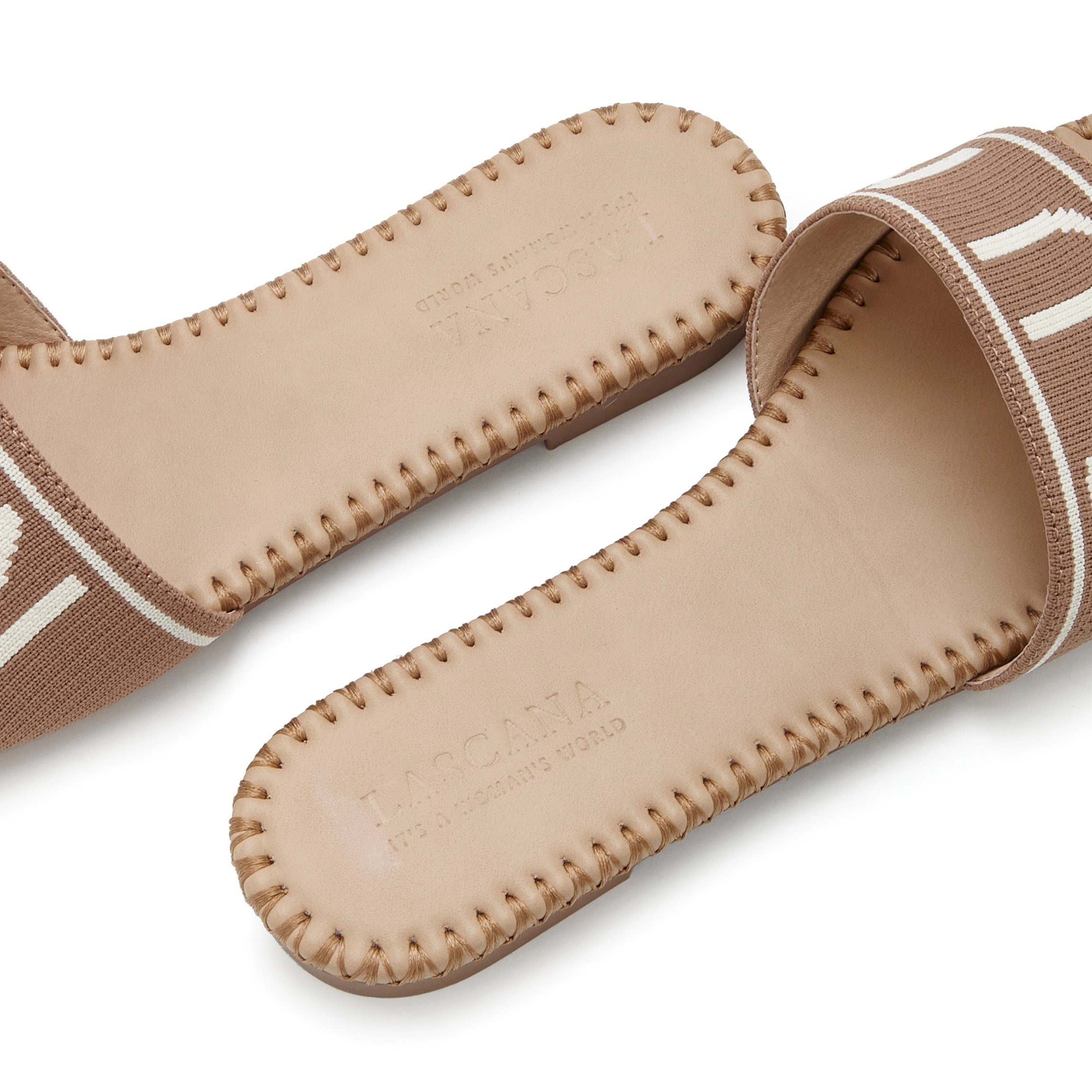 Textil Schriftzug VEGAN mit Pantolette offener modischem taupe LASCANA Schuh Sandale, Mule, aus
