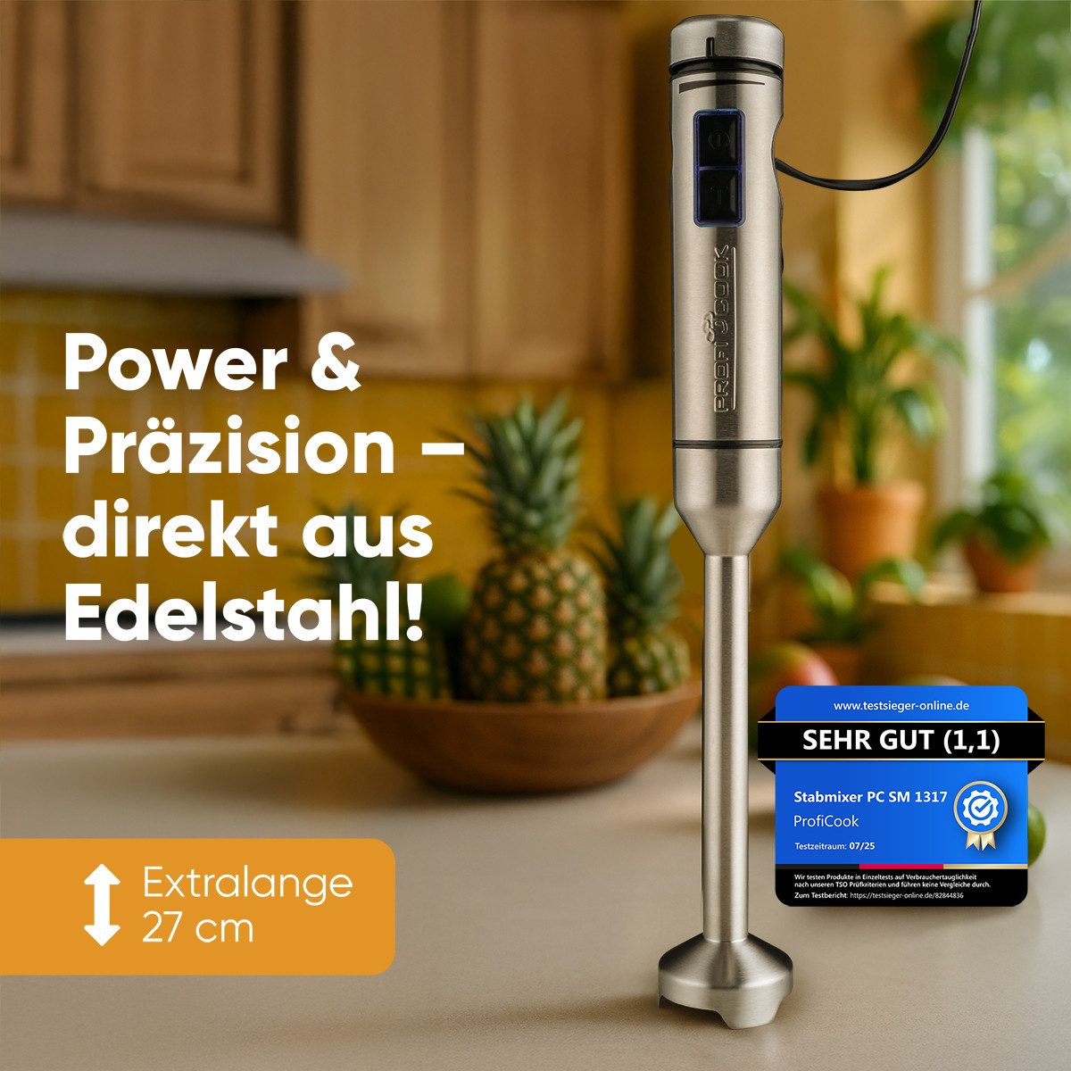 ProfiCook Stabmixer PC-SM 1317, Stabmixer 1000W, extra langer Mixstab, DC-Motor