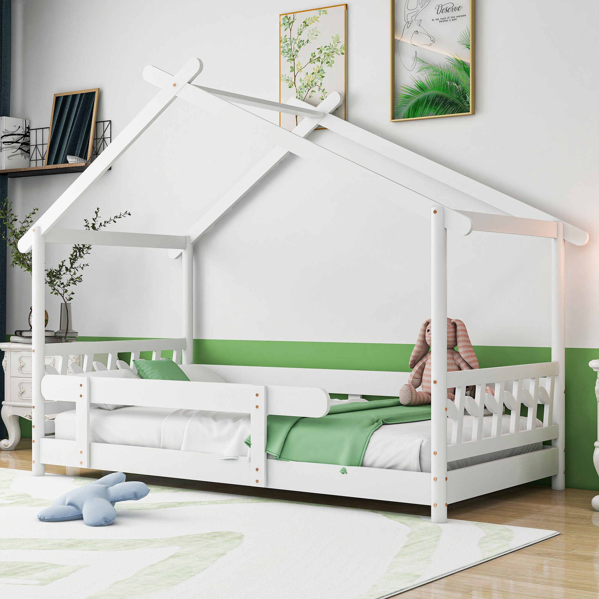 Flieks Kinderbett Dream high, Schönes Hausbett mit Rausfallschutz 90x190cm weiß