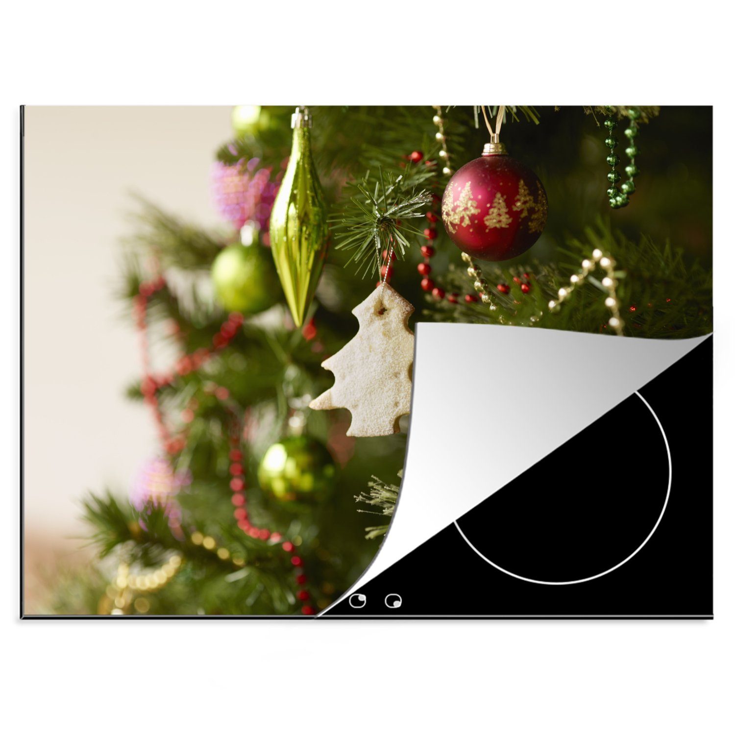 MuchoWow Herdblende-/Abdeckplatte Eine Nahaufnahme eines geschmückten Weihnachtsbaums, Vinyl, (1 tlg), 70x52 cm, Mobile Arbeitsfläche nutzbar, Ceranfeldabdeckung