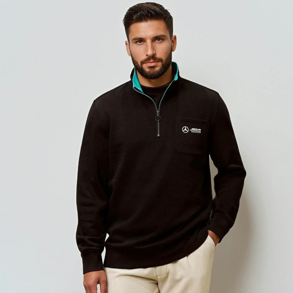 Mercedes AMG Petronas Sweatshirt F1 ¼-Zip Motorsport Formel 1 Pullover 3D-Teamlogo, Mercedes-Stern-Zipper, Brusttasche mit HD-Druck