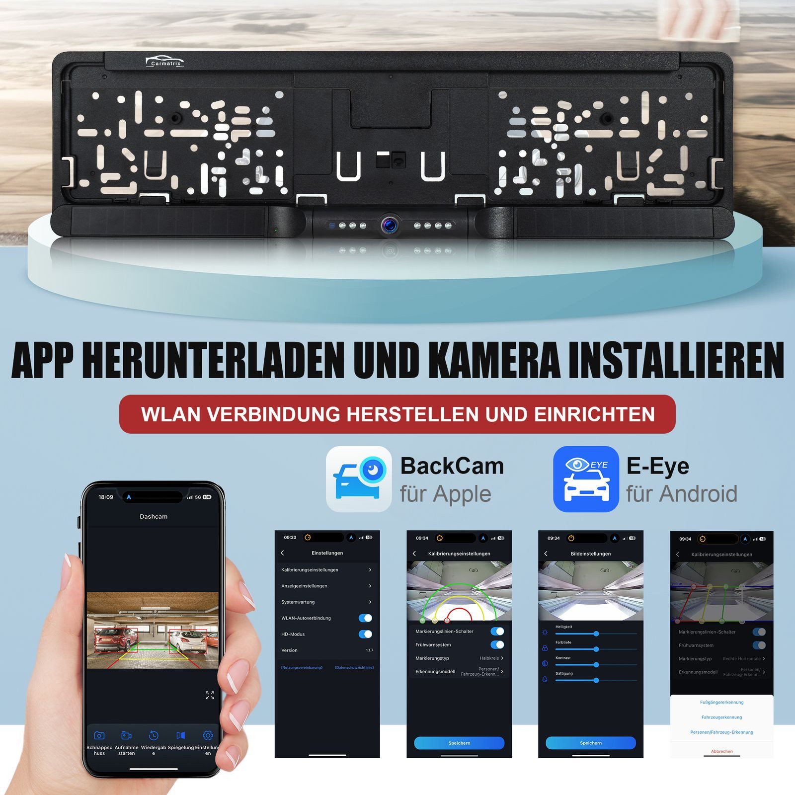 CARMATRIX D43E Solar WLAN KI Rückfahrsystem im Nummernschild Kennzeichenhalter Rückfahrkamera (Auto Solar WLAN Funk Rückfahrkamera im Nummernschild Kennzeichenh – Bild 5 von 5