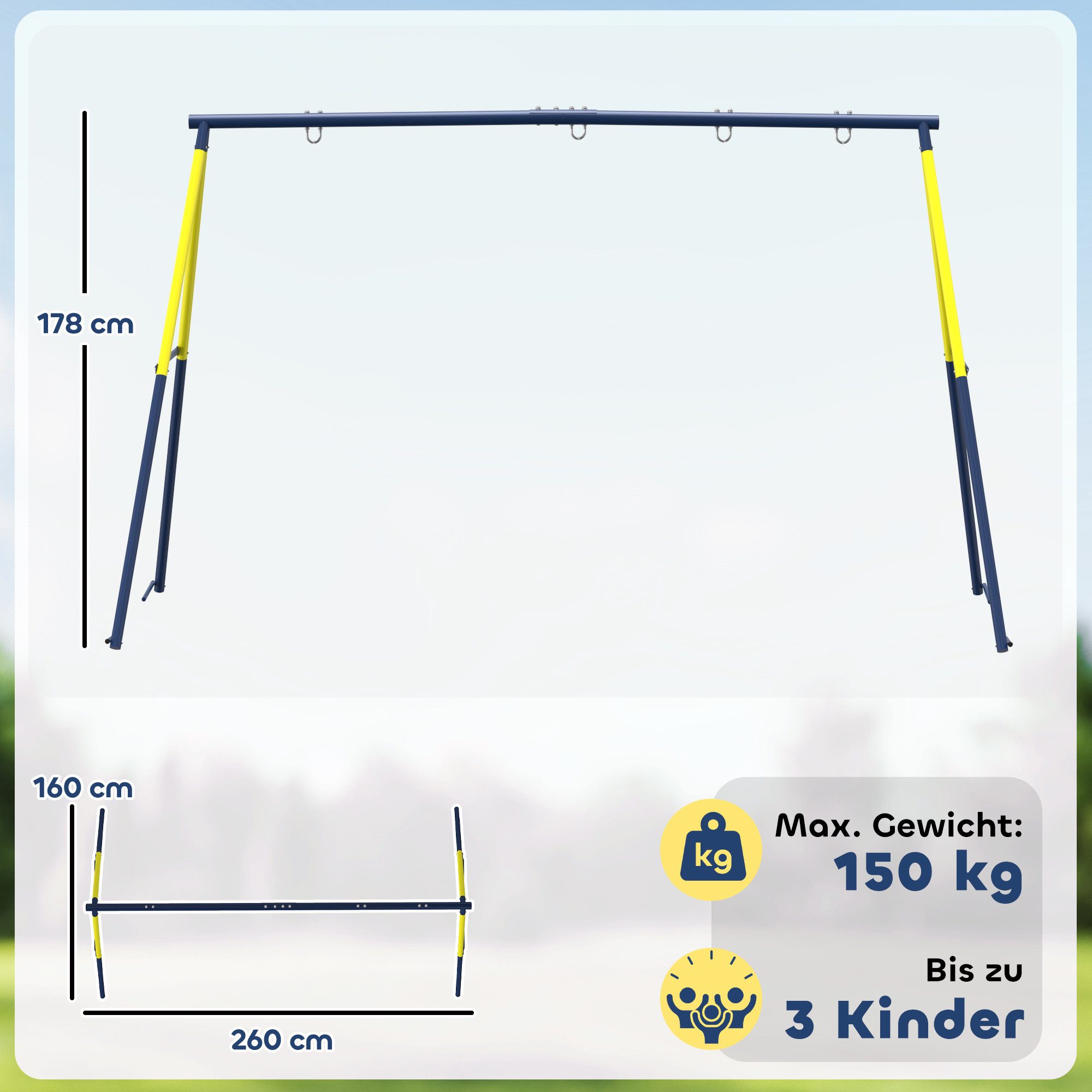 AIYAPLAY Schaukelgestell bis 150 kg mit A-Rahmen, (Schaukel Gestell, 1-tlg., Stahl Schaukelgerüst), für Nestschaukel Kinderschaukel Kletterleiter, für Outdoor, Blau
