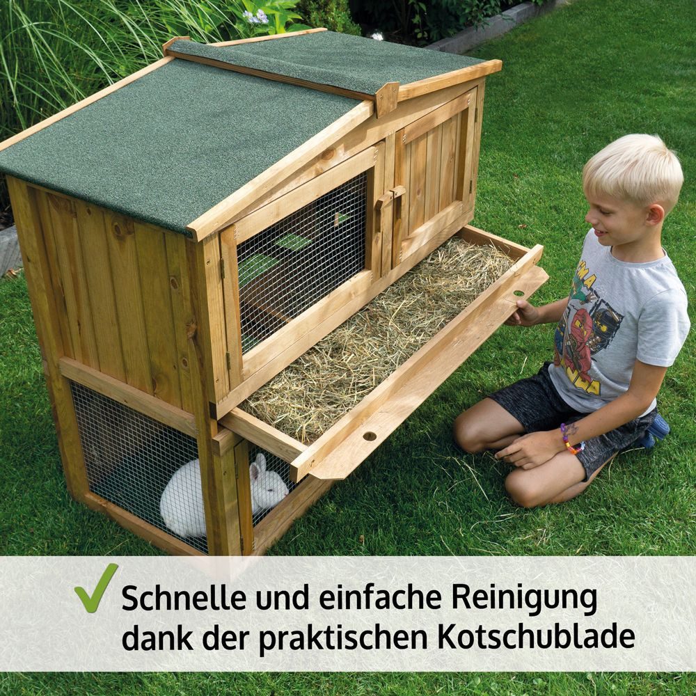 Zooprinz Kleintierstall 002 Obelix Hasenstall Holz winterfest 2 Etagen Freilauf Kotschublade, Kaninchenkäfig Nagerhaus Meerschweinchenstall